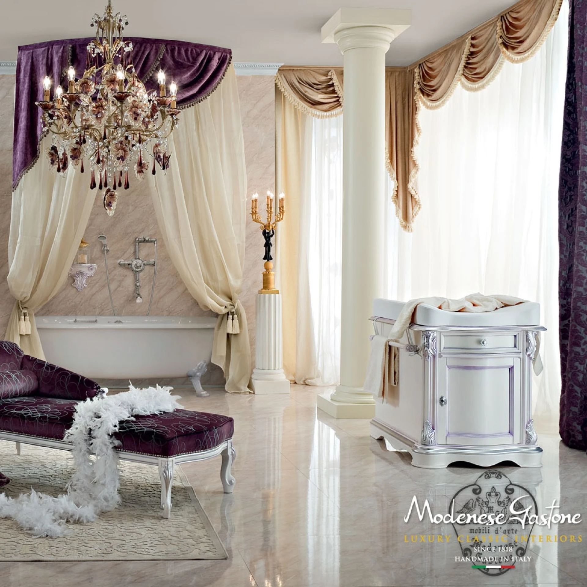 Luxury bathroom design with chaise lounge carved mirror changing table and tailormade curtains