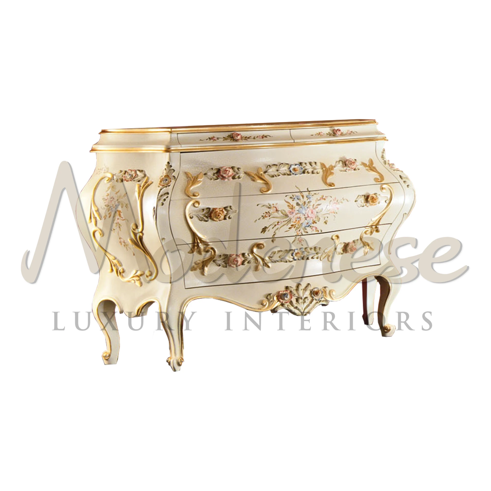  Luxurious curved chest with ornate gold detailing and pastel floral embellishments by Italian artisans at Modenese Furniture                             