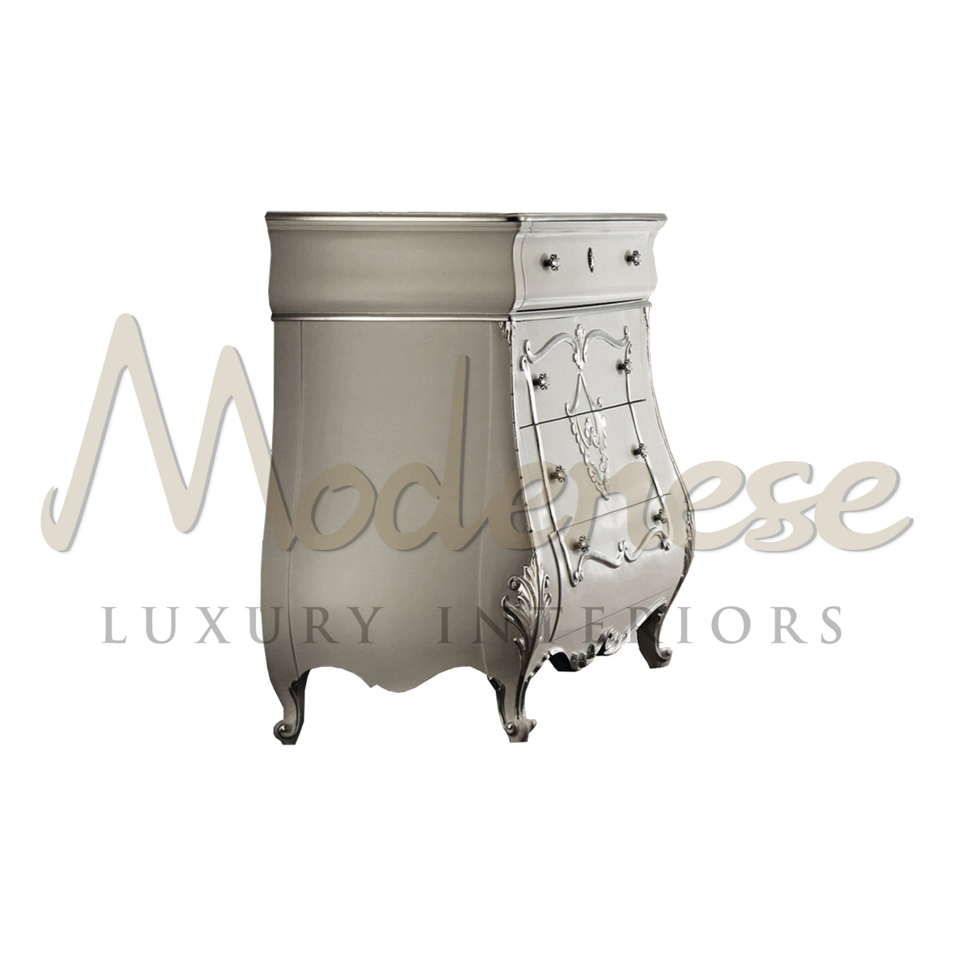 Modern silver chest of drawers with classic embossed details and curved legs.                                                                          