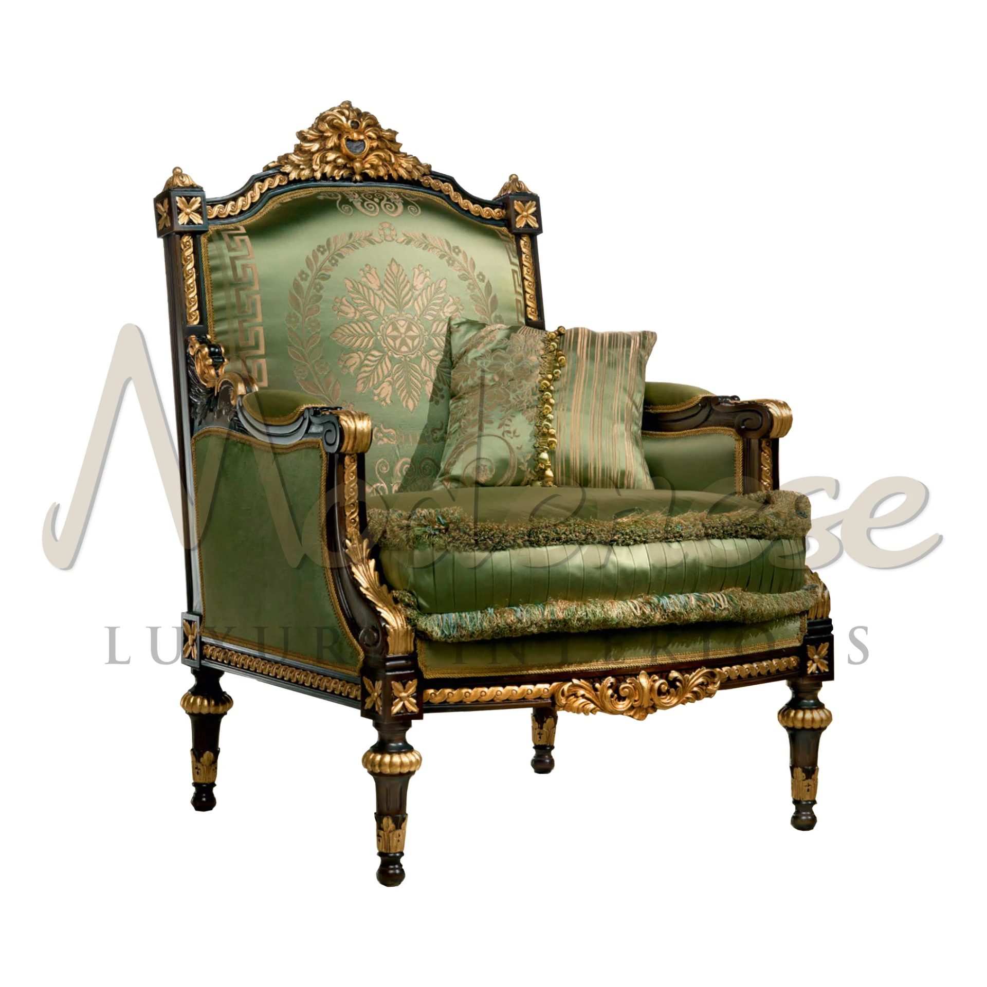 Ornate Victorian-style armchair with emerald green upholstery and golden accents on a carved dark wood frame.