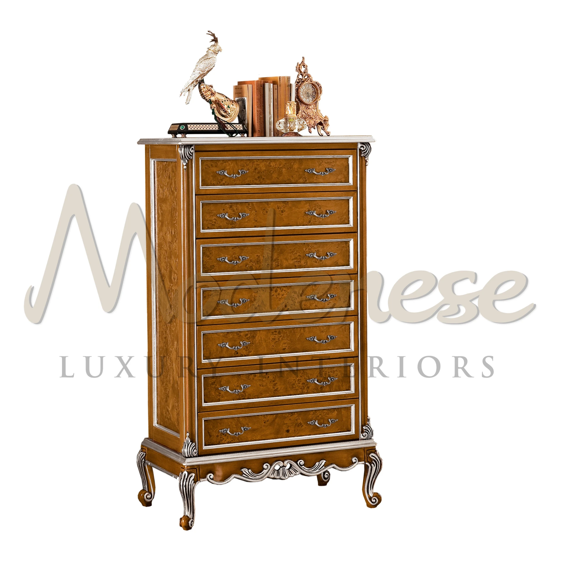 Elegant tall burlwood chest of drawers with decorative silver handles and accents by Modenese Furniture                                                      