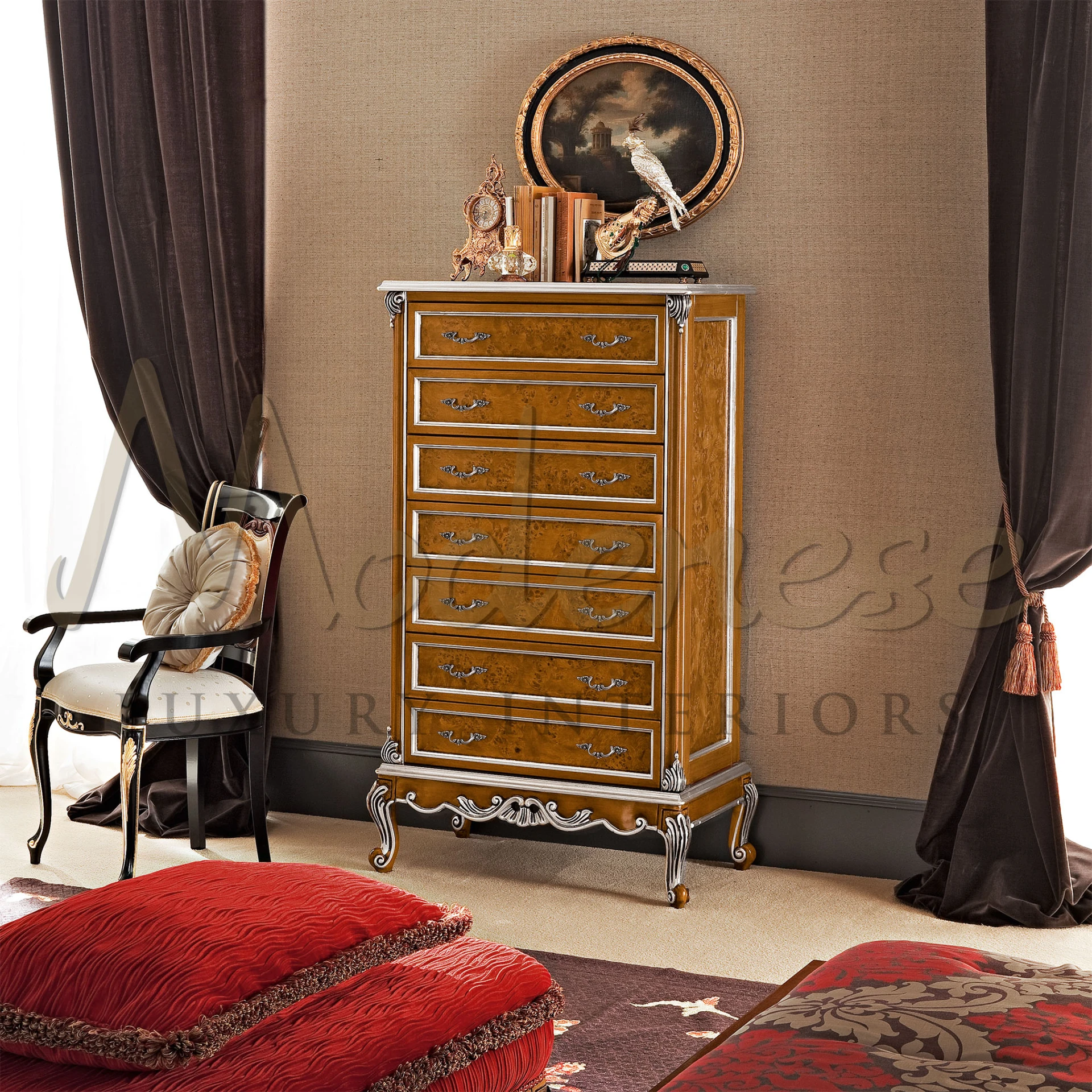 Vintage-style tall dresser with burlwood finish and intricate silver detailing by Modenese Furniture                                                                       
