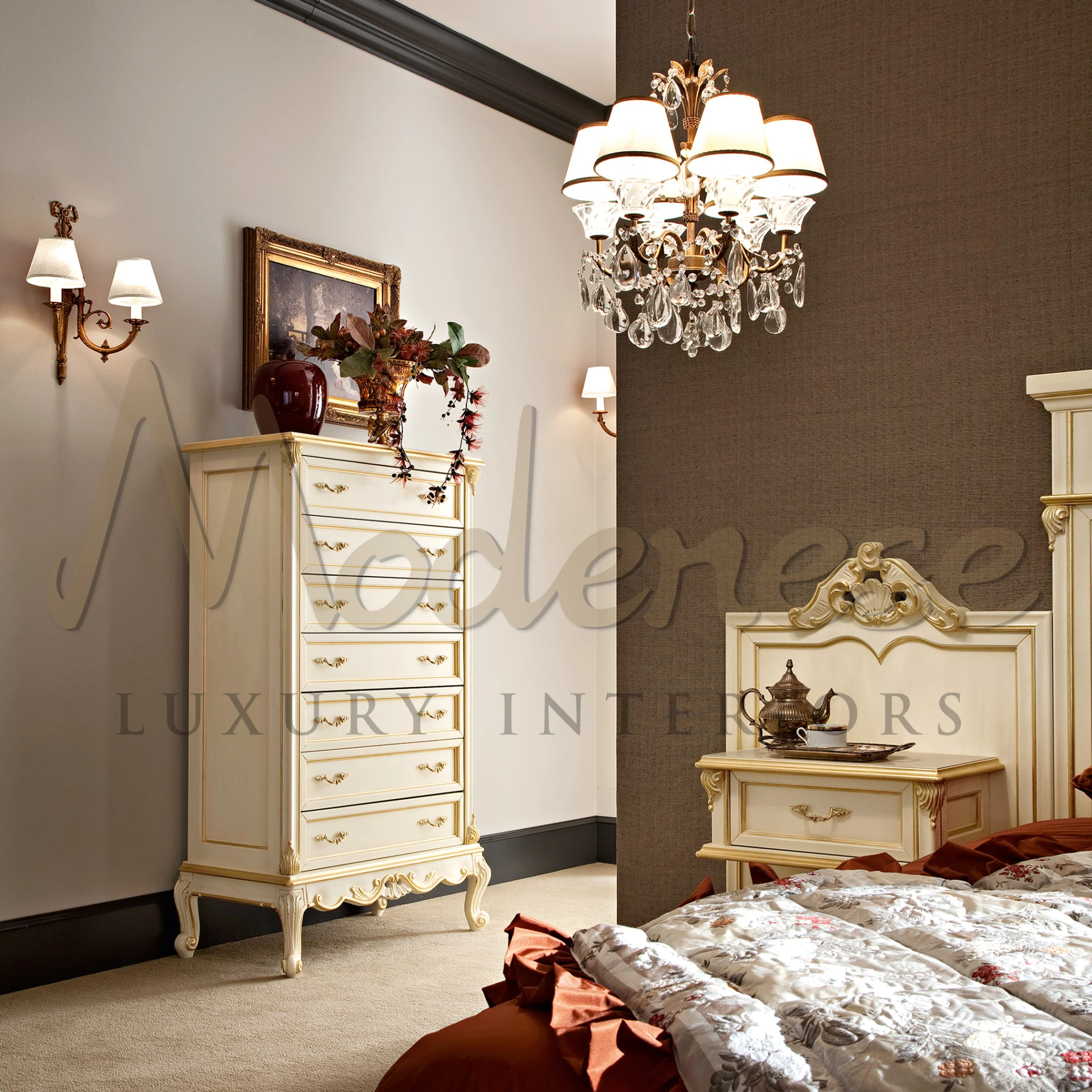 A luxurious bedroom interior with elegant furniture.
