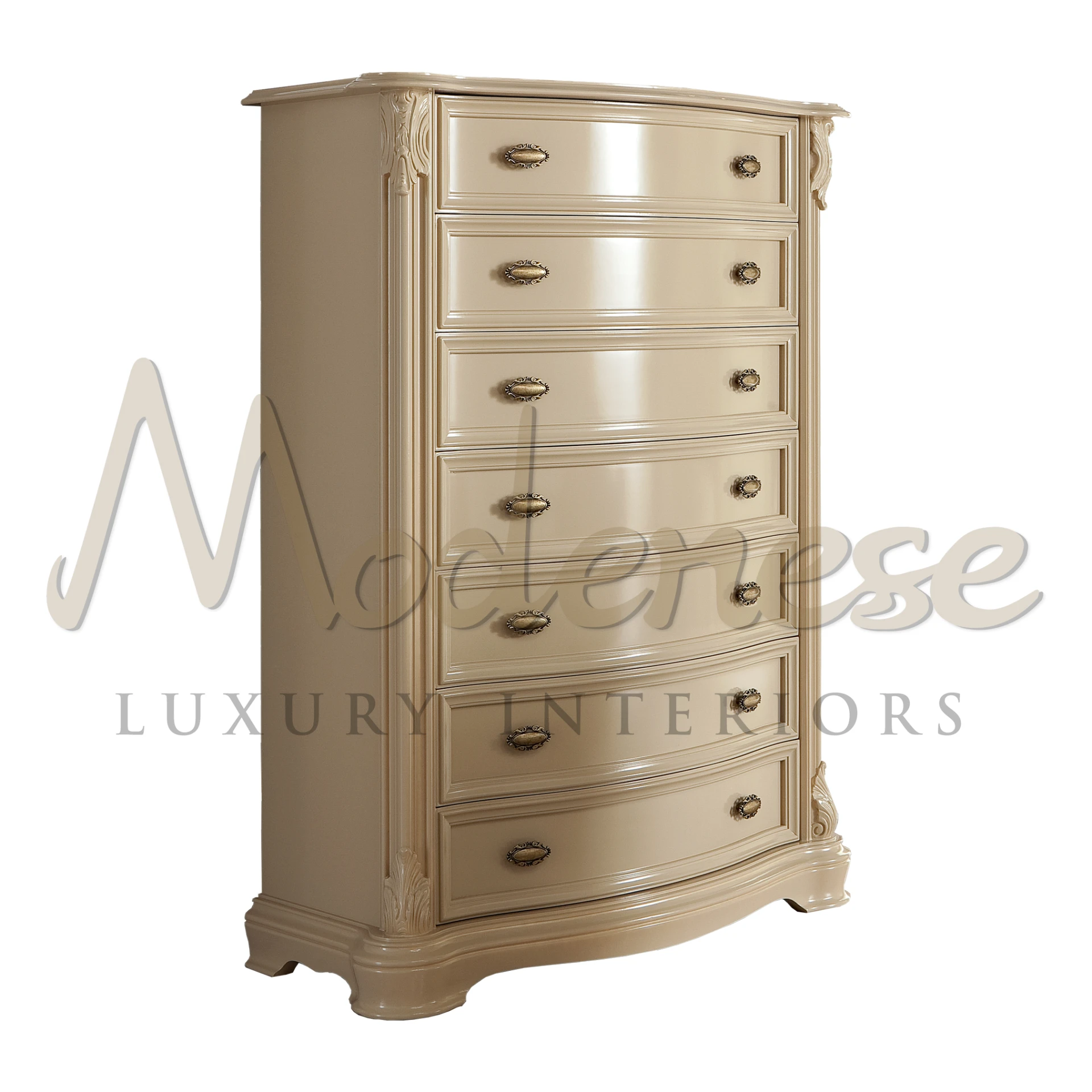 Classic cream tall chest of drawers with ornate metal handles and detailed trim                                                                              
