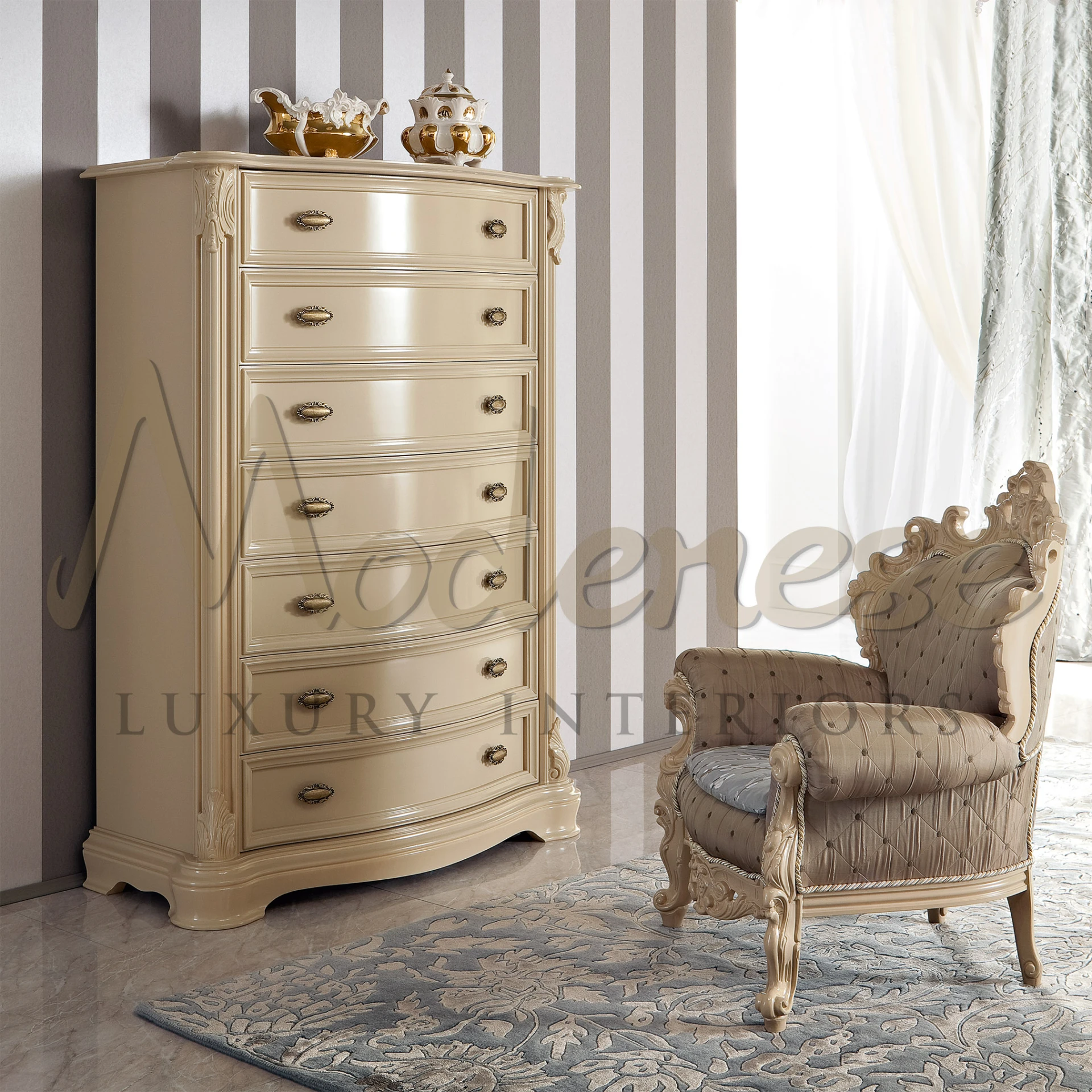 Refined tall storage chest in cream with elegant carvings and vintage metal pulls                                                                          