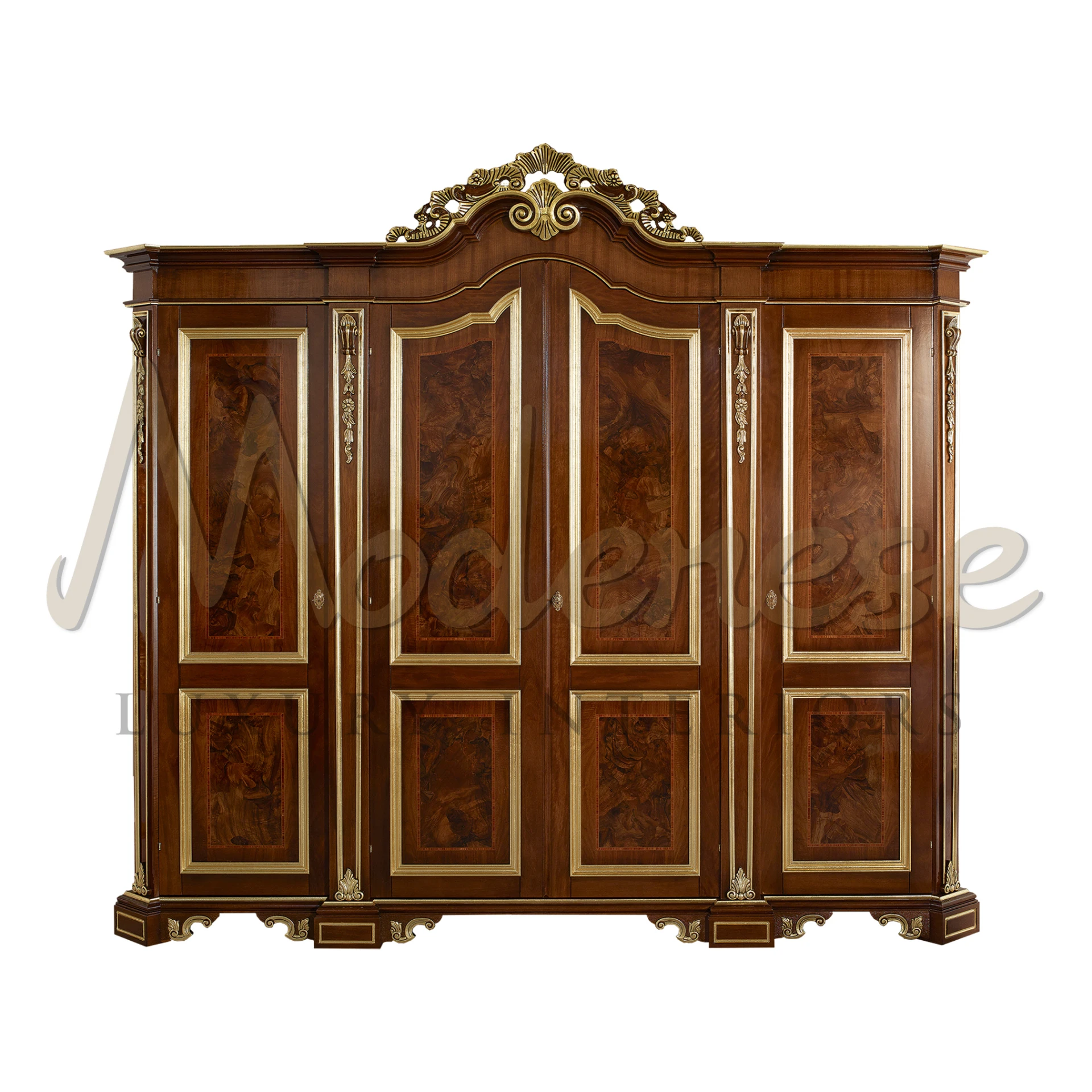 Majestic antique wooden wardrobe with ornate gold accents and burl wood panels created by Modenese Luxury Furniture                                                                                     