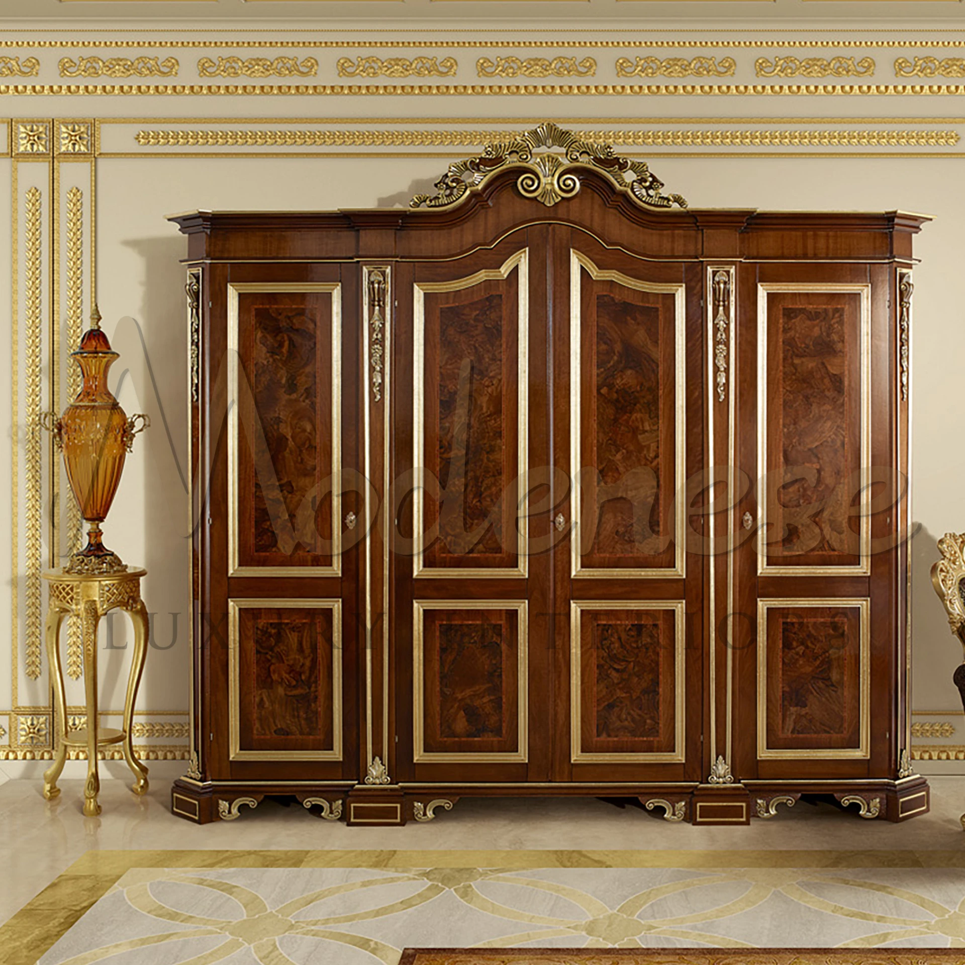 Classic style wooden armoire with detailed carvings and a decorative top crest by Modenese Furniture Manufacturer                                                                                                                                             