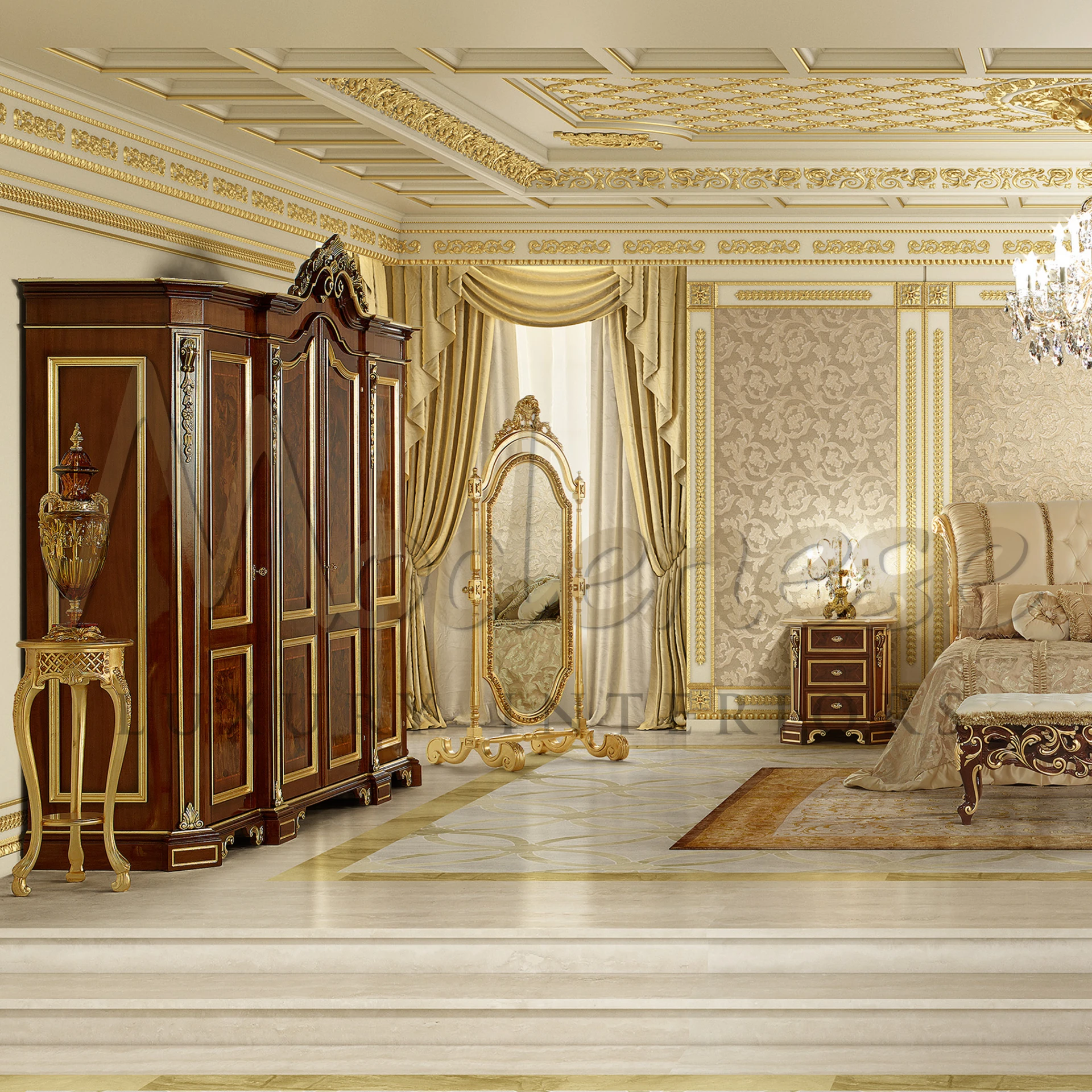 Luxurious antique wardrobe in an opulent bedroom by Modenese Luxury Furniture manufacturer                                                                                
