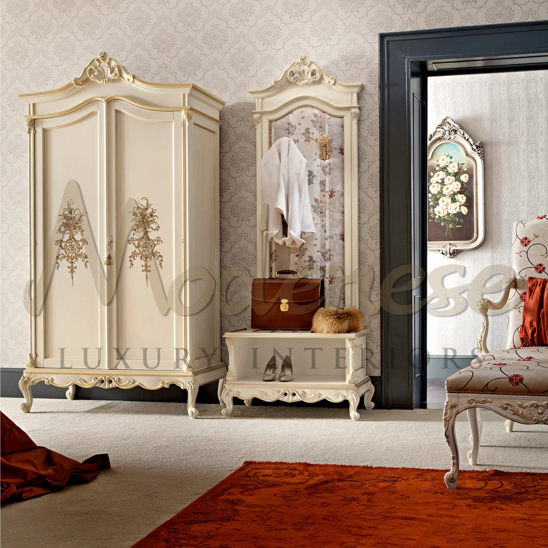 Curved-top wardrobe with decorative gold patterns by Modenese Furniture                                                                                                   