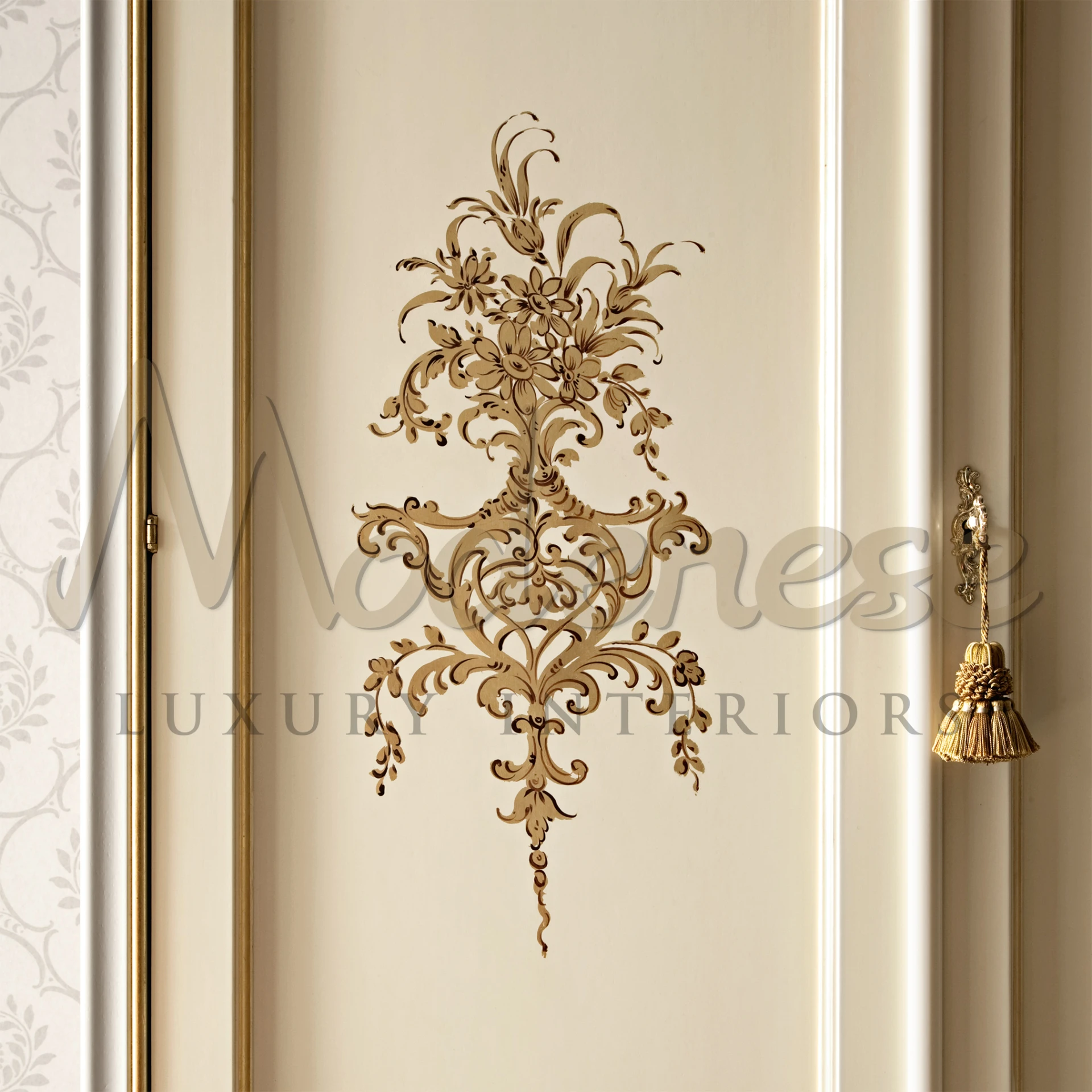 French-style ivory armoire wardrobe with ornate gold trim by Modenese Furniture