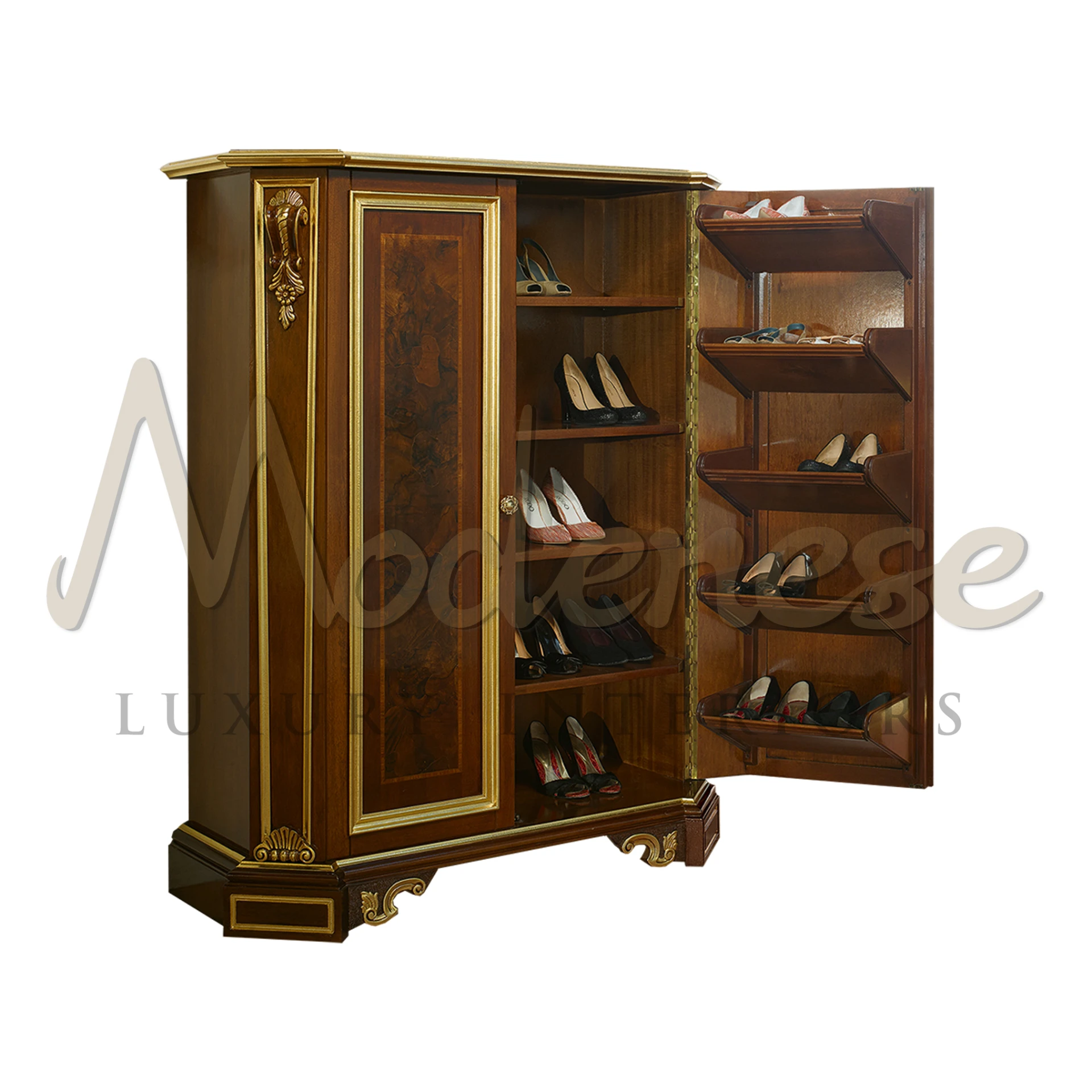 Open wooden shoe cabinet with intricate designs.                                                                                                                    