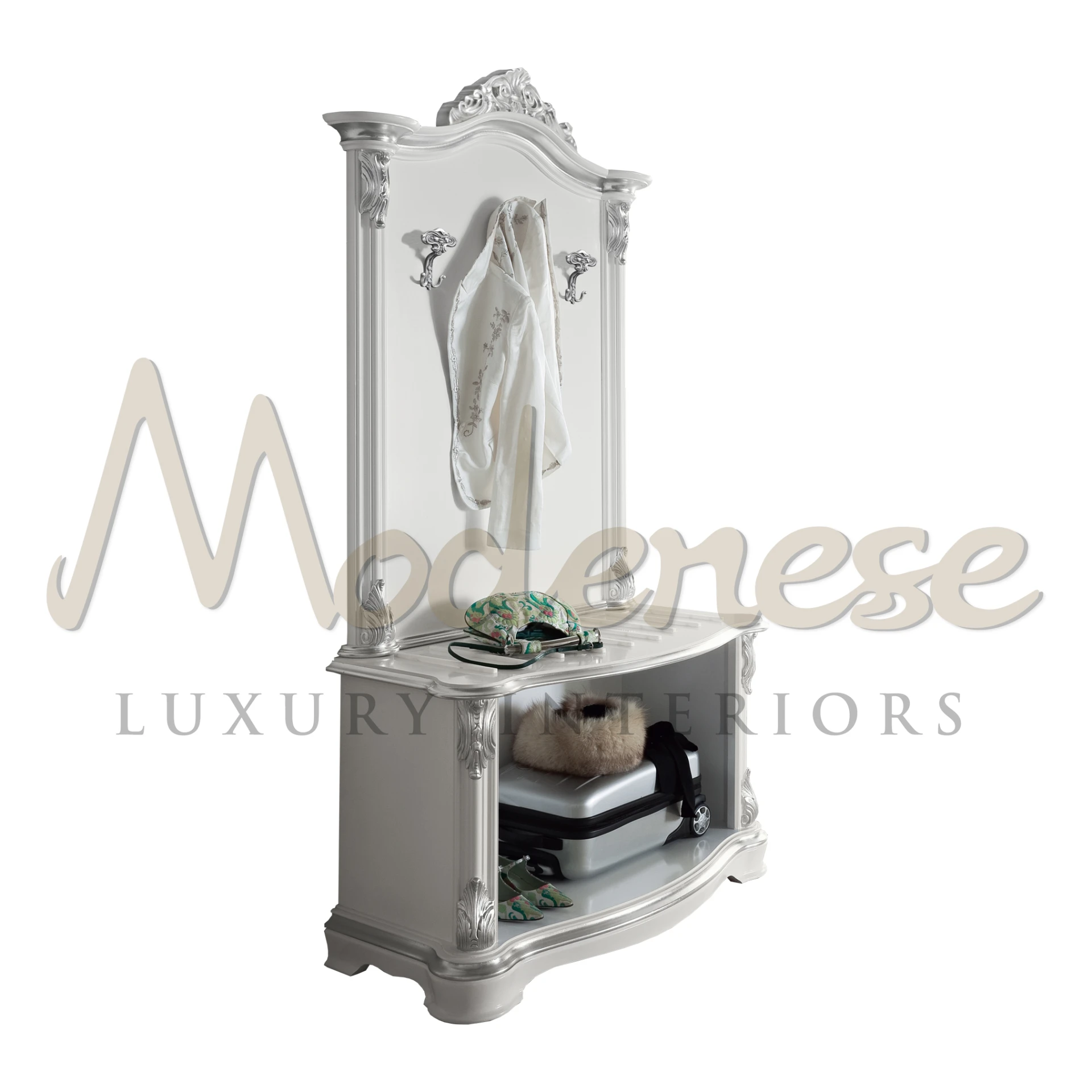 White ornate wardrobe with top mirror and robe by Modenese Furniture                                                                                    