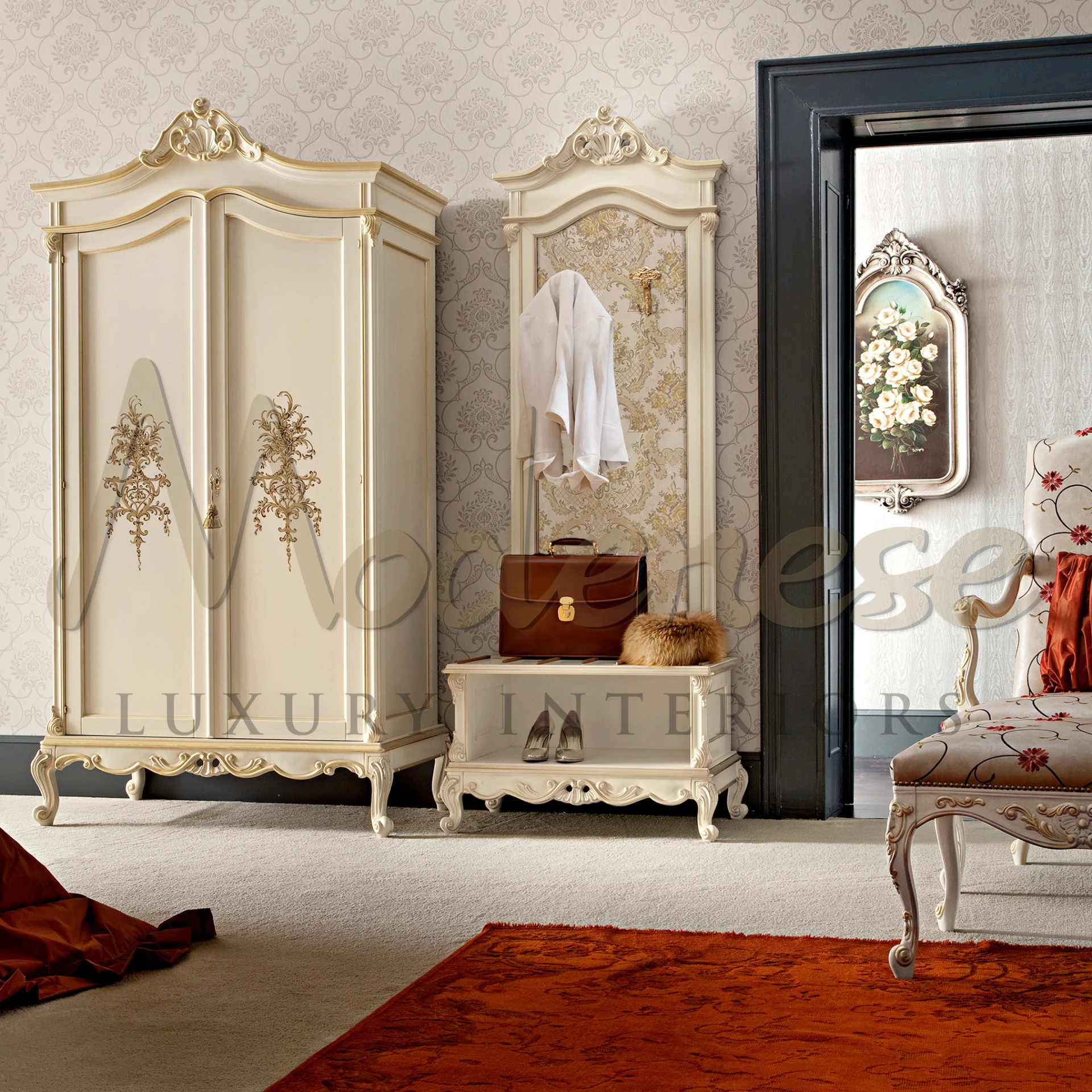  Elegant wardrobe stand with bench and patterned backdrop.