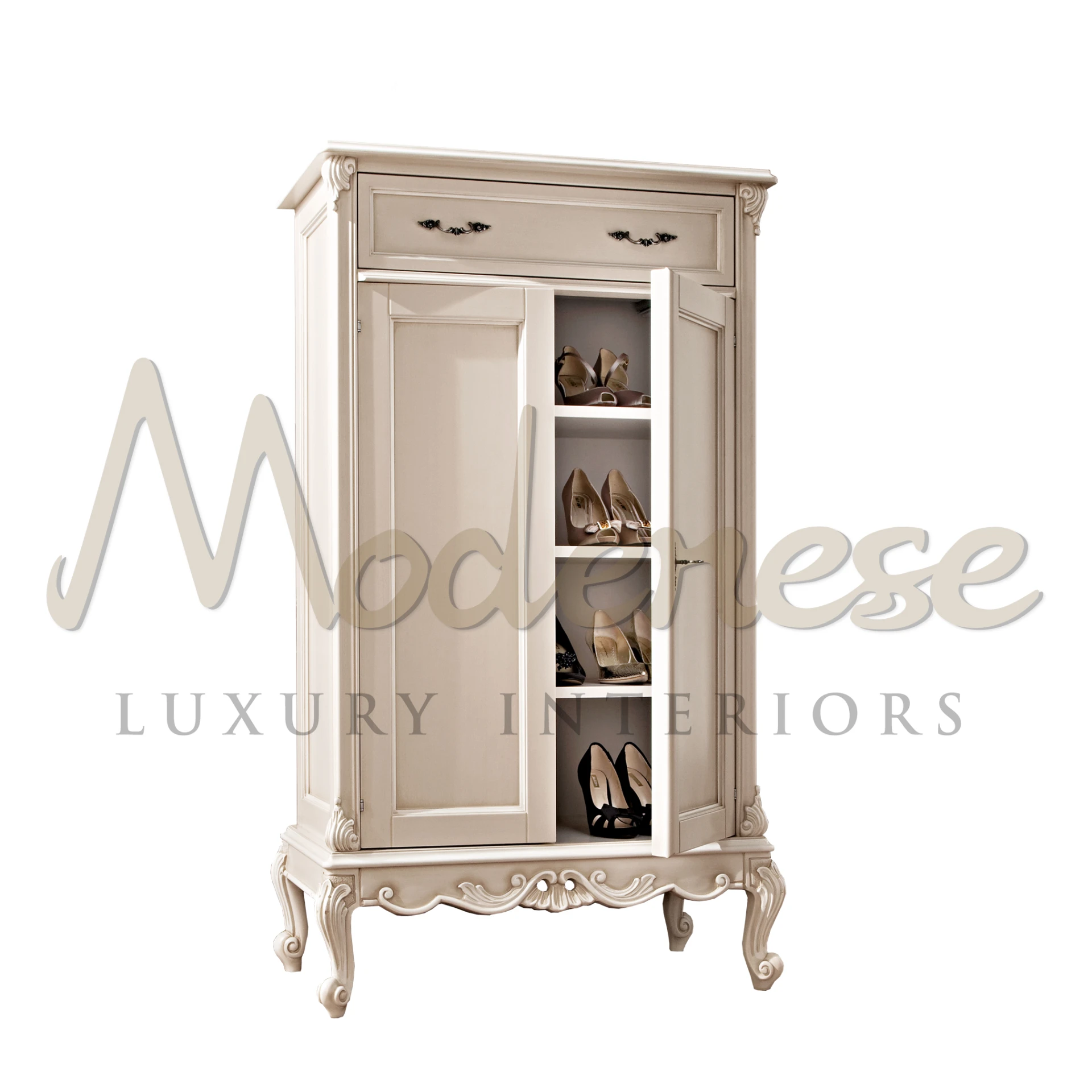Cream-colored shoe cabinet with French design elements.                                                                                                         