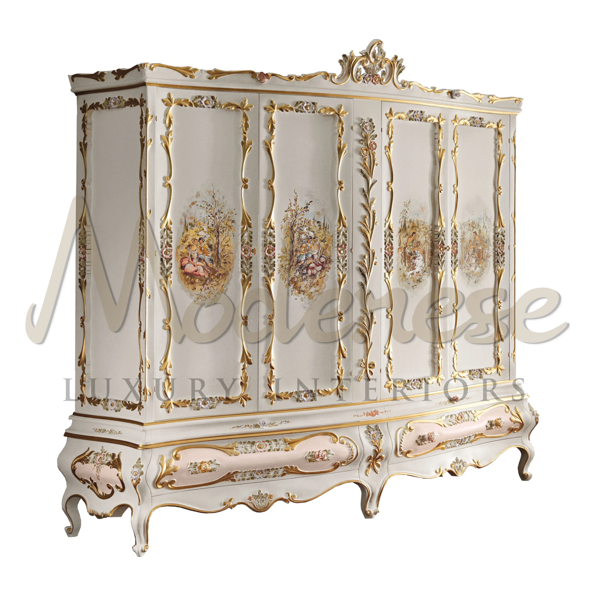  Baroque-inspired hand-carved wardrobe with gold and floral details.                                                                                              