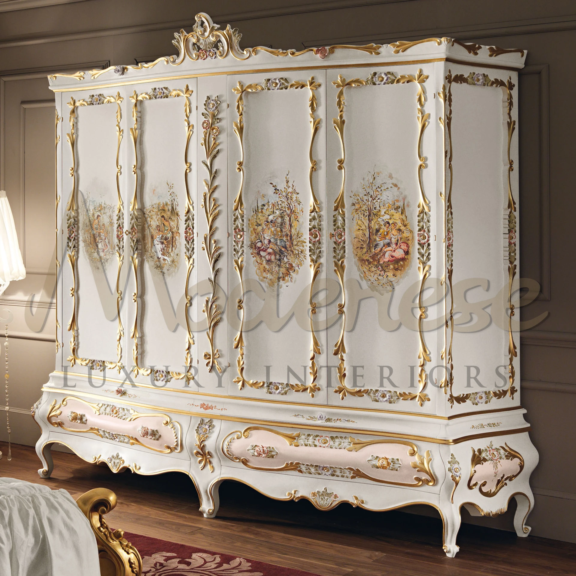 Elegant hand-painted wardrobe with intricate carvings and gold embellishments.                                                                                            