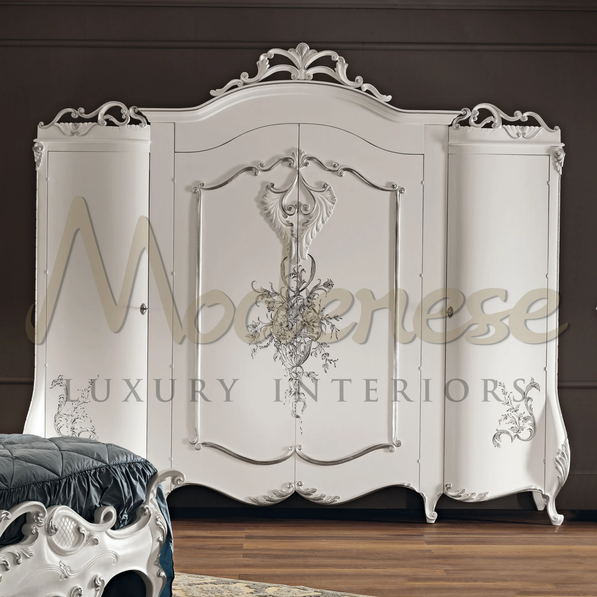 Rococo-inspired hand-carved wardrobe with silver patina.                                                                                                   