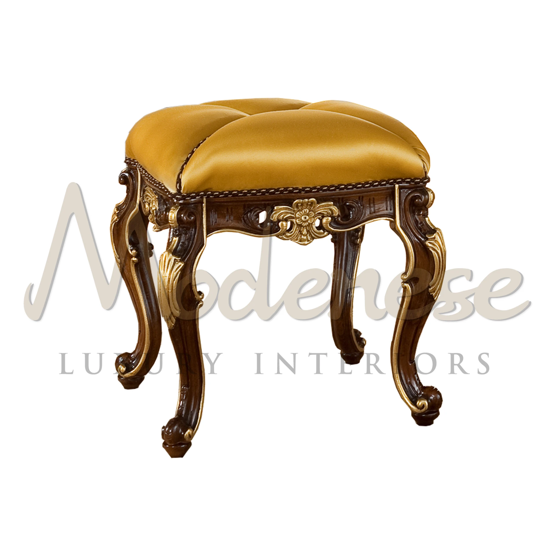 Rich mahogany vanity stool with plush mustard seat and intricate gold detailing.                                                                                