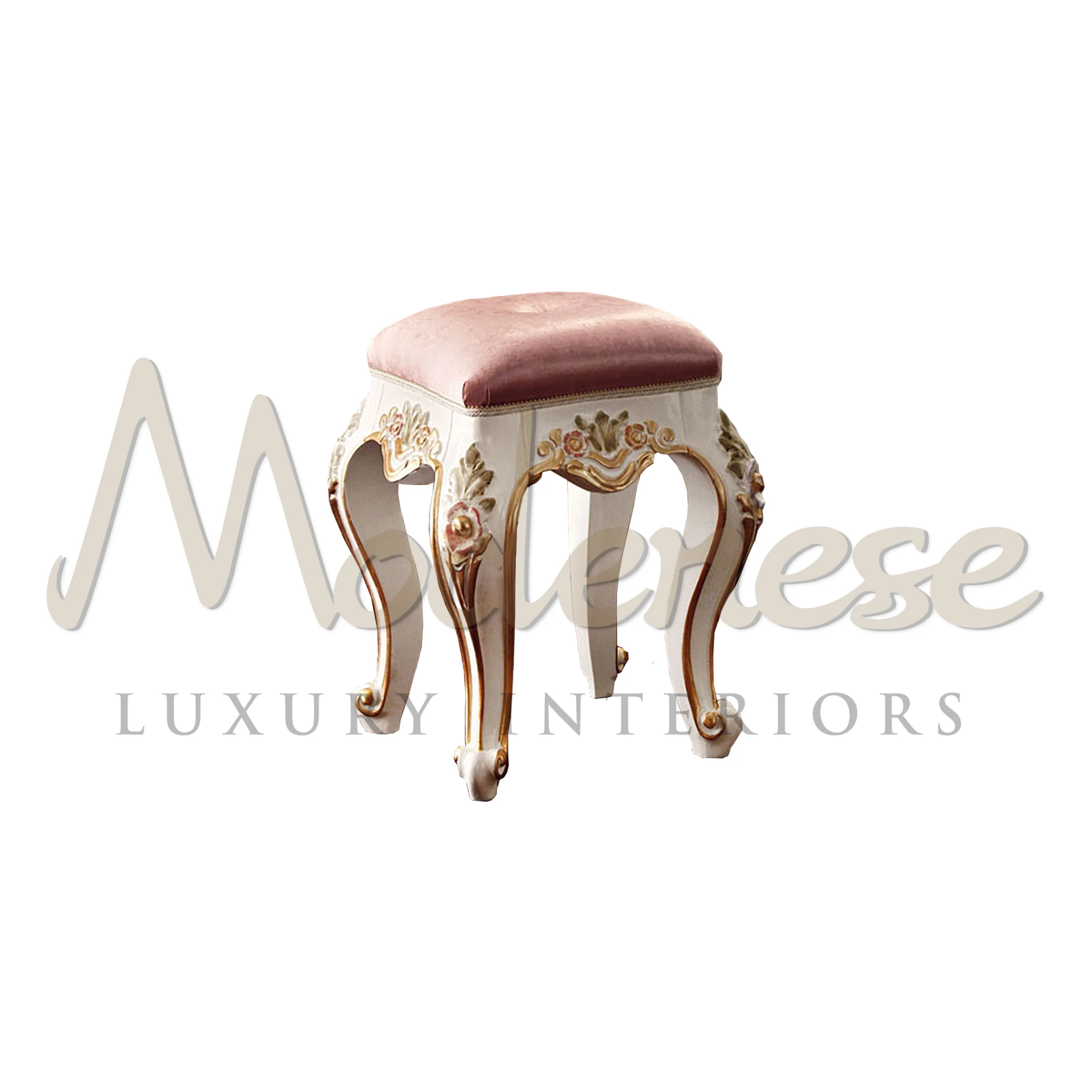 Charming blush-upholstered vanity stool with ivory and gold decorative frame made by Modenese                                                                              