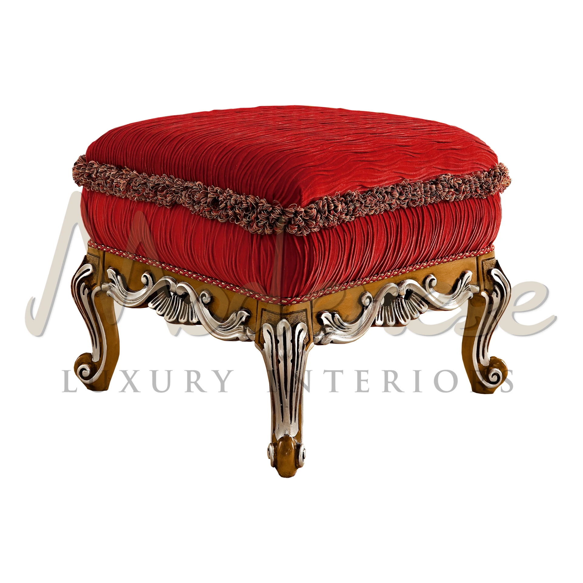 Luxurious red velvet footstool with gold leaf details and decorative tassels by Modenese Furniture Manufacturer                                              