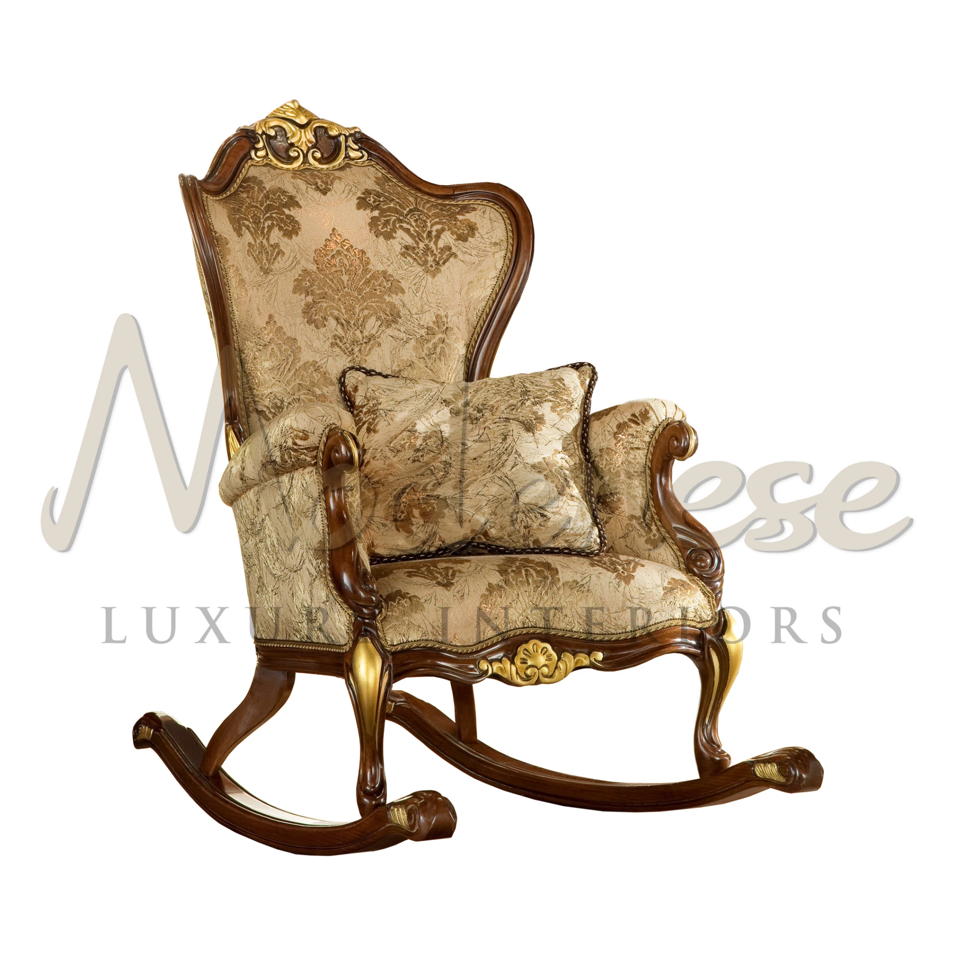 Ornate wooden rocking chair with a polished finish and luxurious golden upholstery, featuring detailed carvings and a plush cushioned backrest and seat.
