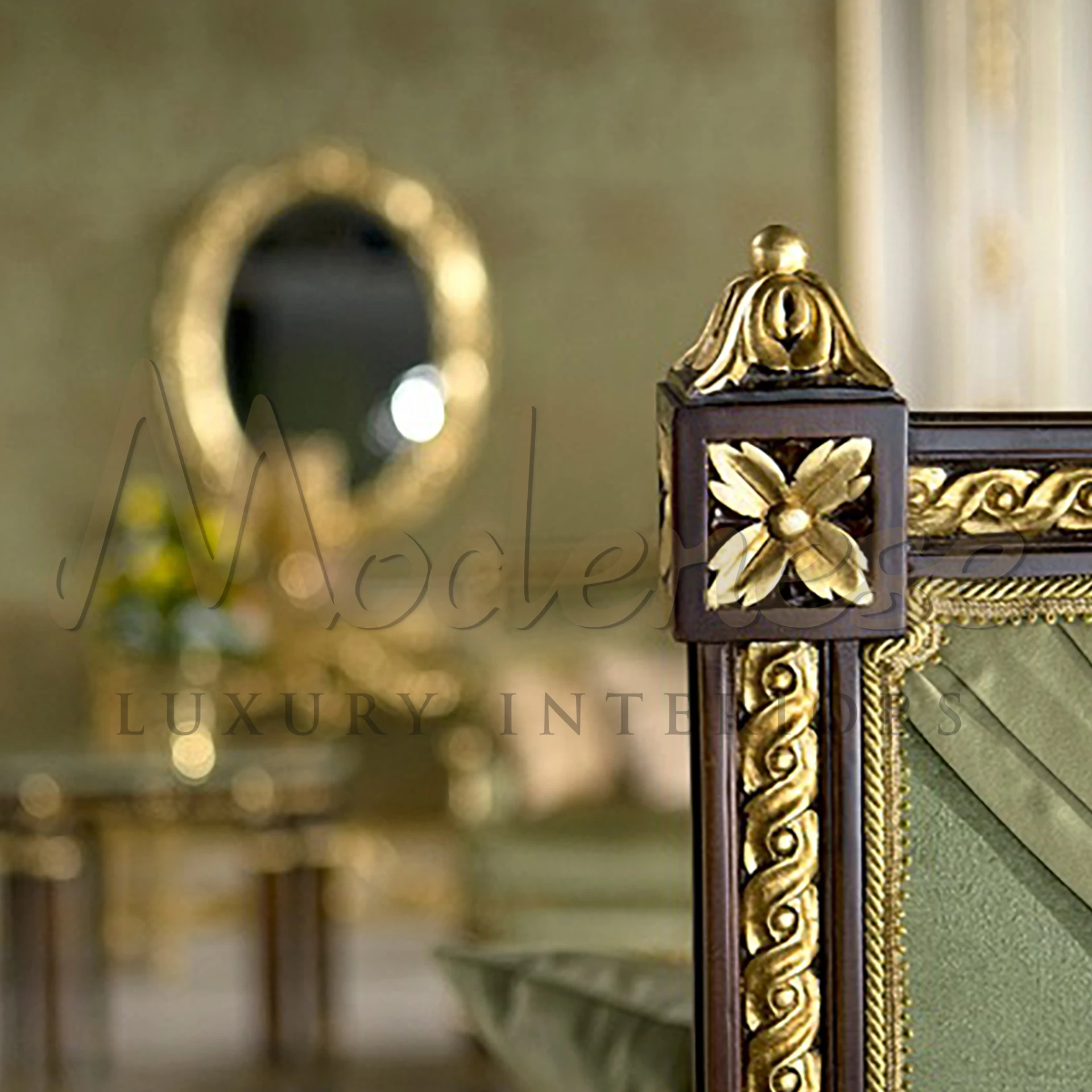 Regal green velvet armchair with ornate golden embellishments and fluted legs, reflecting a vintage Victorian elegance.