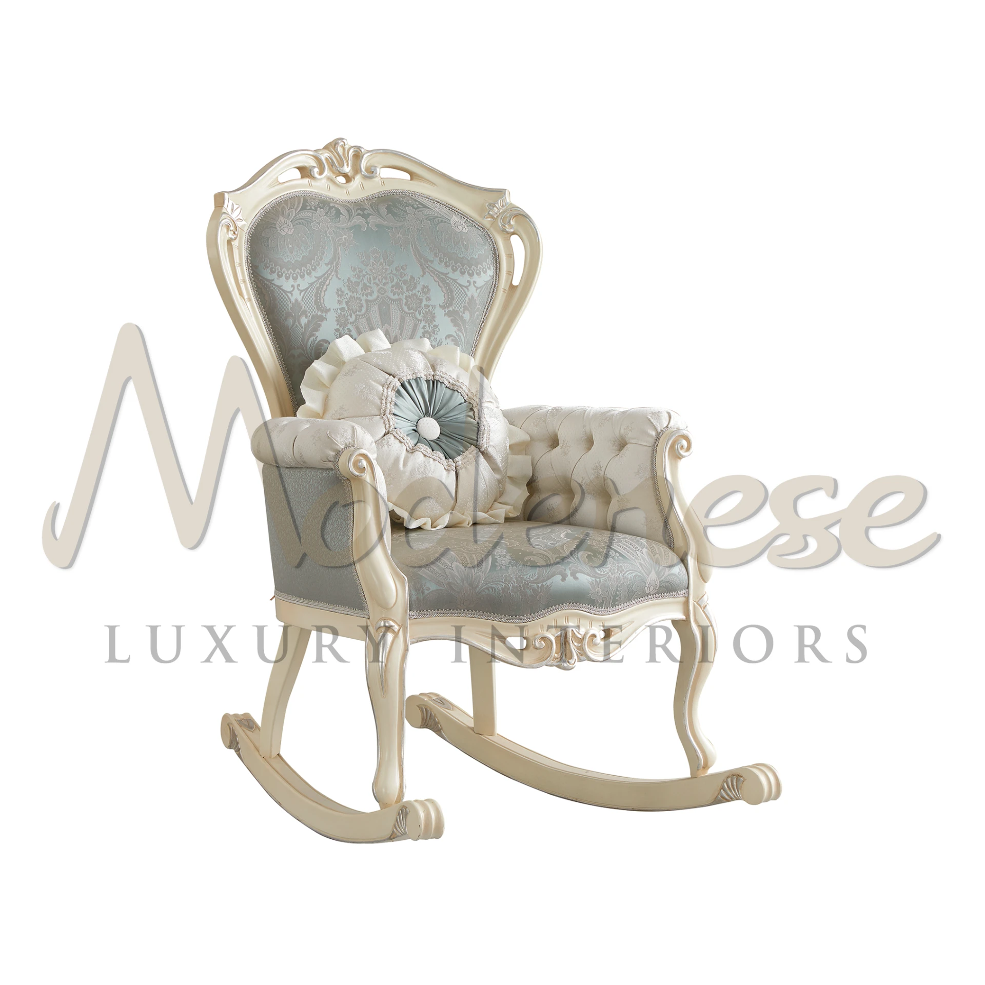 Elegant ivory rocking chair with pastel upholstery, showcasing intricate carved details and a soothing, inviting design made in italy by Modenese Furniture