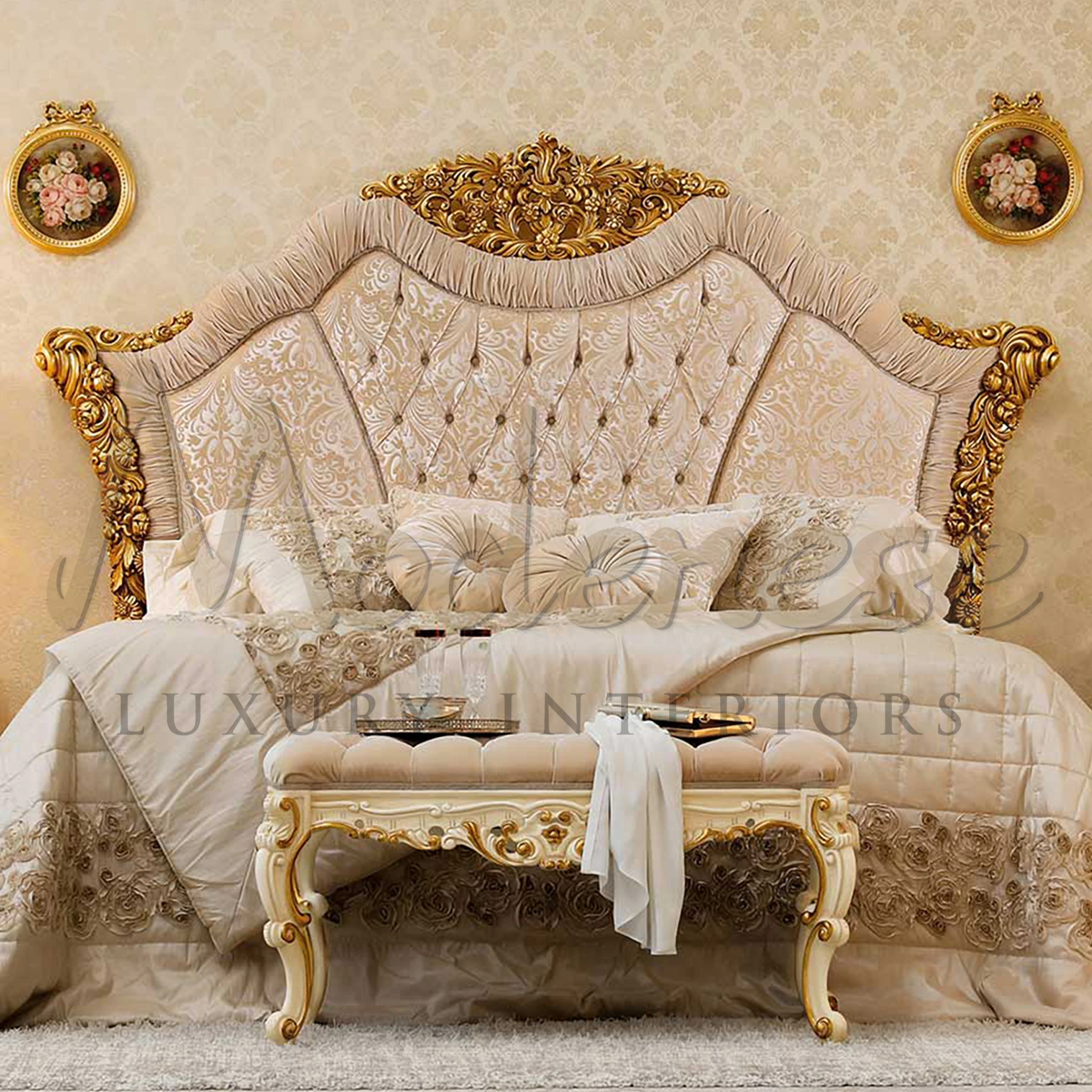 Baroque-style golden bench with a tufted top and ornamental legs.                                                                                                 