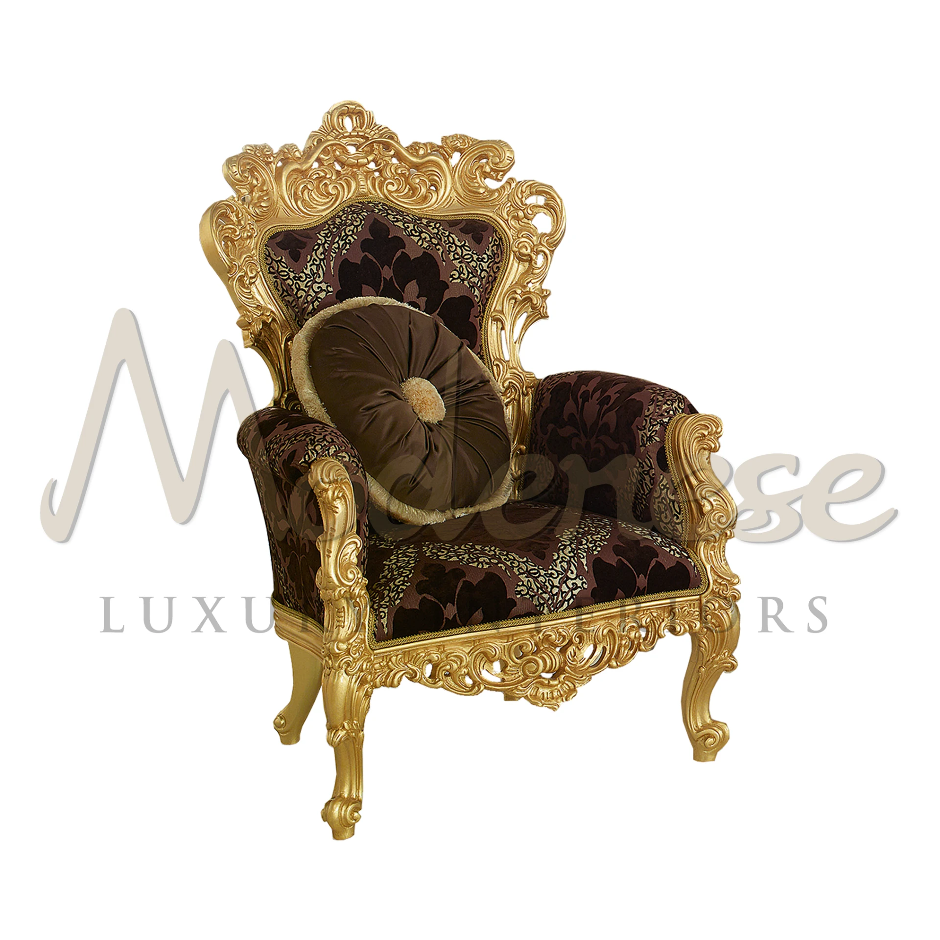 Gilded baroque armchair with maroon floral-patterned upholstery and a round tufted cushion in a luxurious setting.