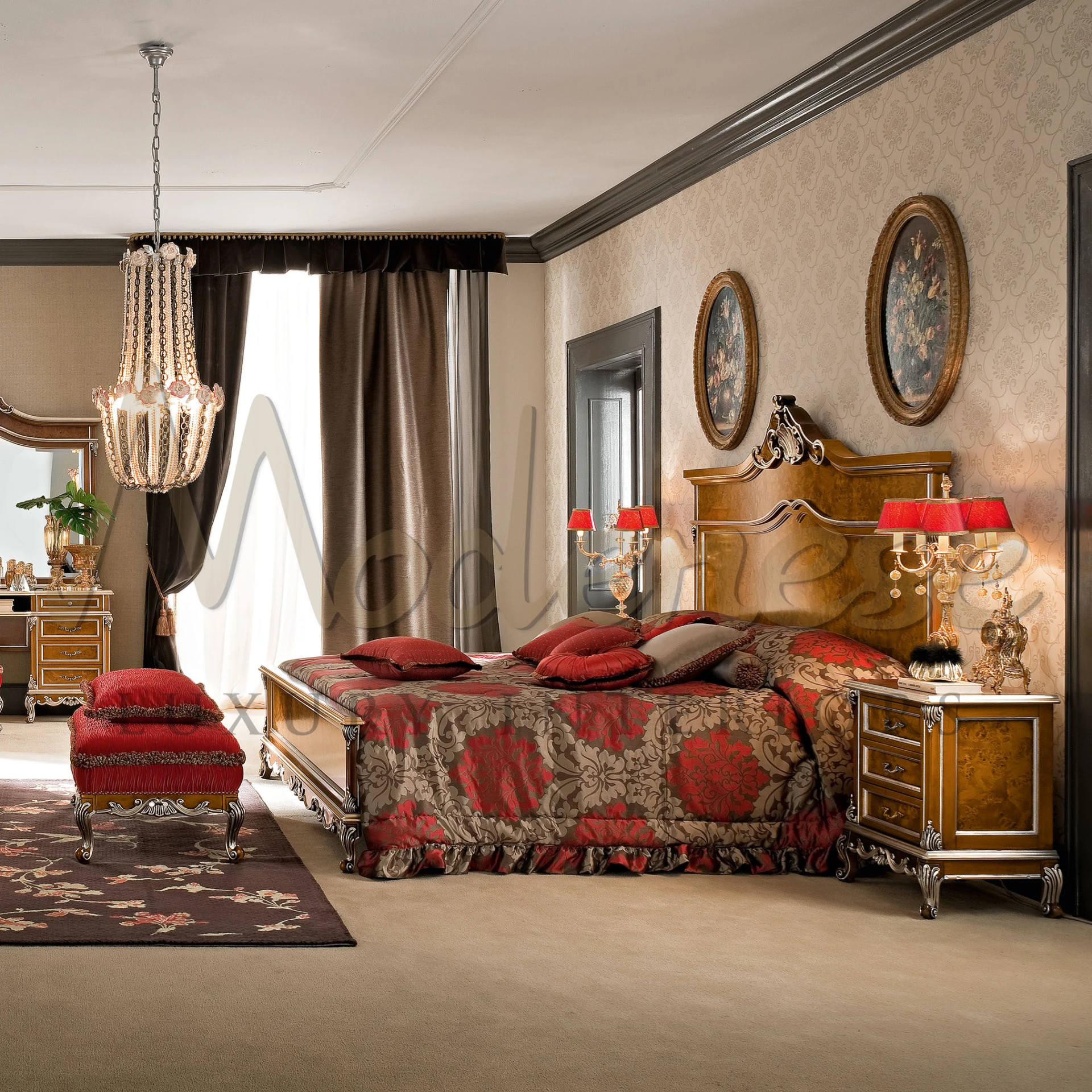 Unmatched Grace of the luxury red upholstered bench:Transform your bedroom with our Luxury Classical Bench.                                            
