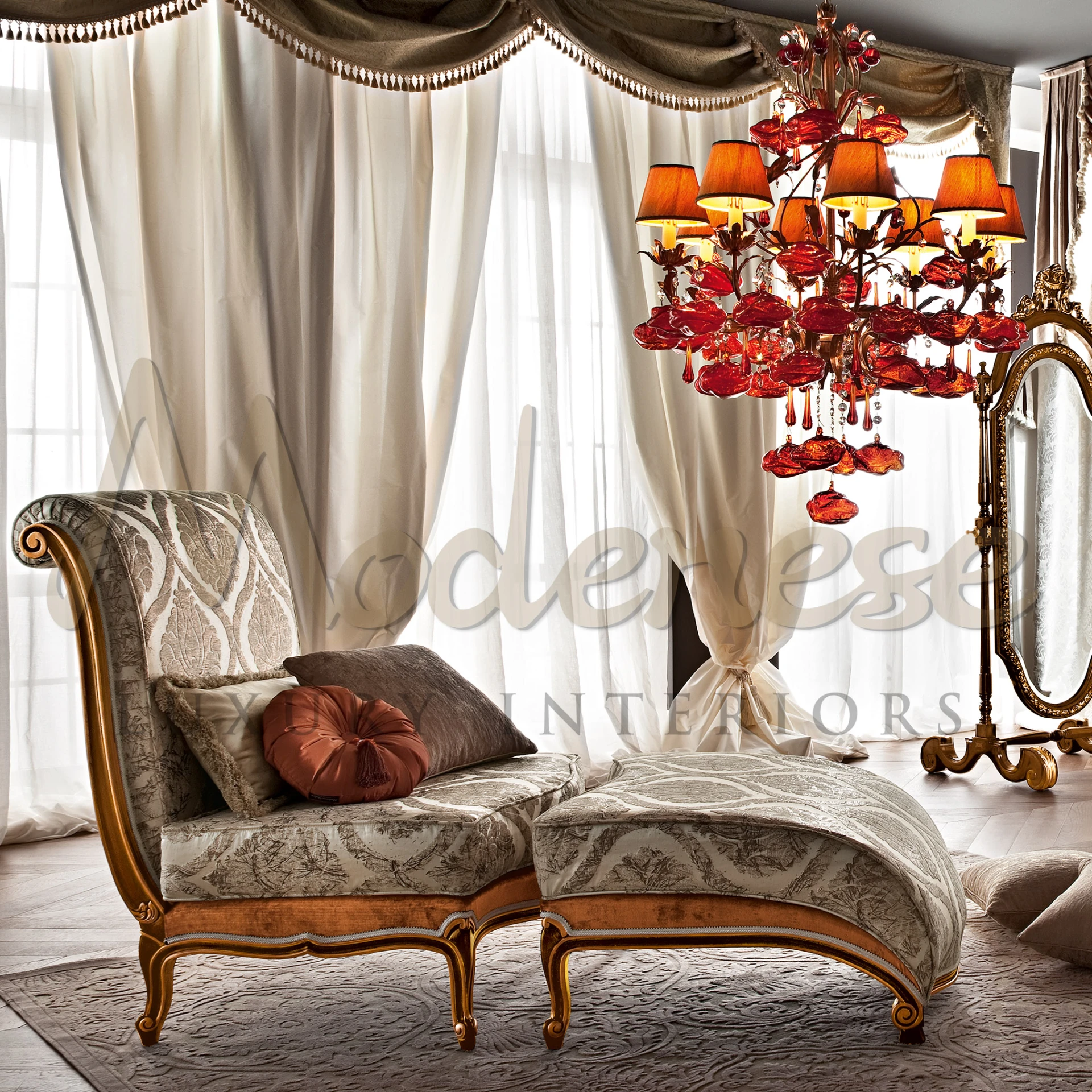 Classic upholstered chaise lounge with intricate wood carvings and elegant fabric design.                                                                       