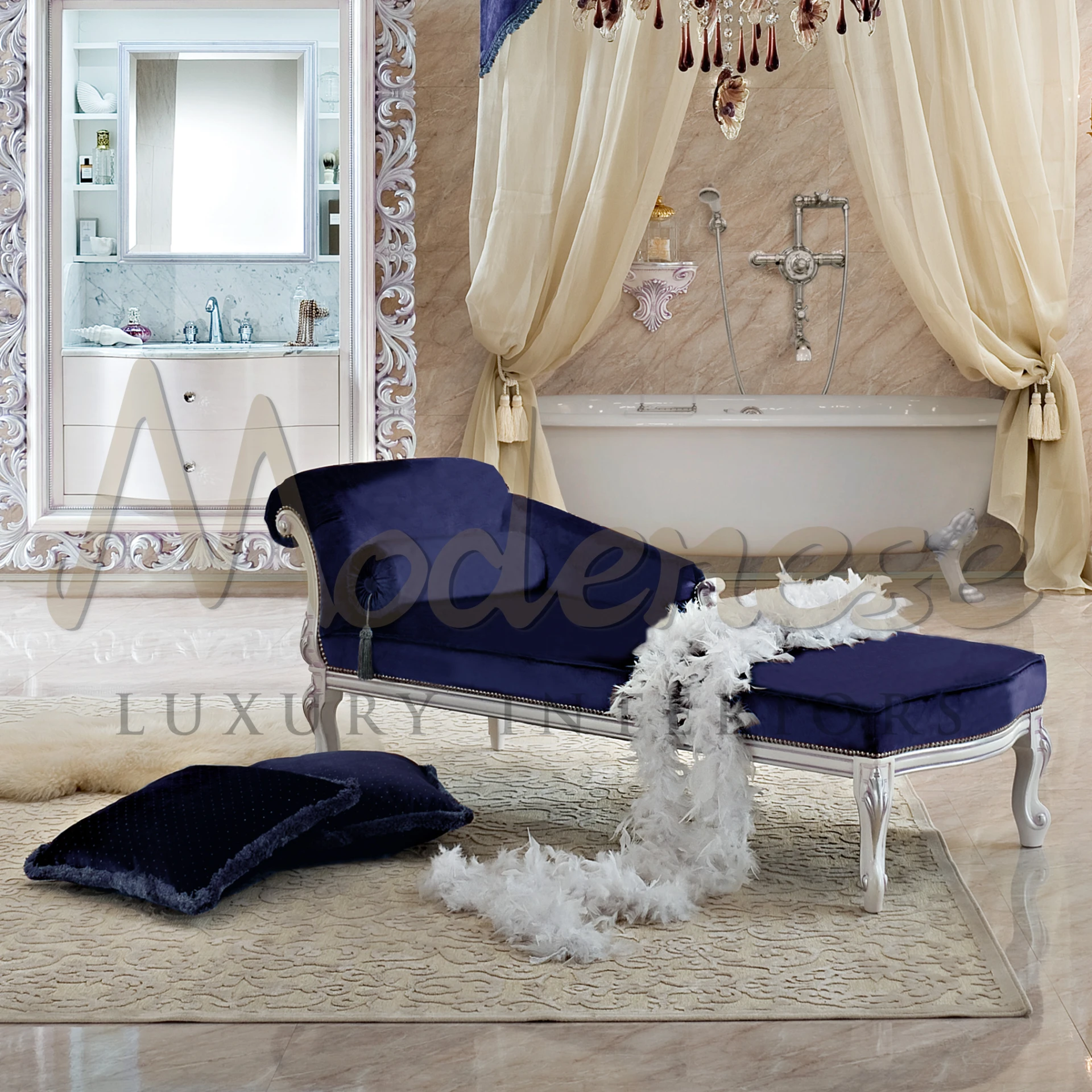 Classic chaise lounge with deep blue upholstery and intricate frame design.                                                                                      