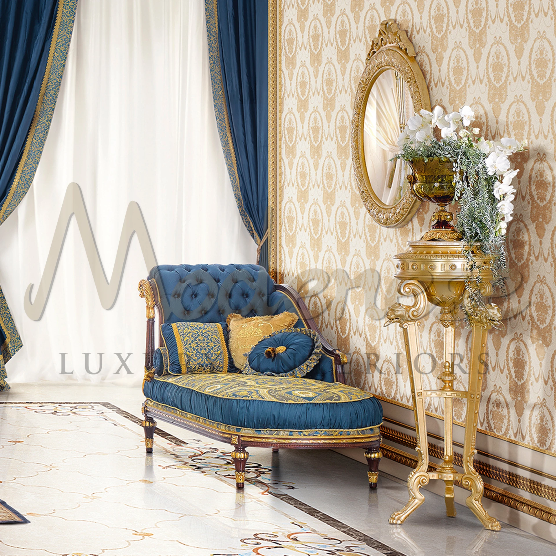 Luxurious lounging bench with deep blue tufting, gold accents, and wooden legs.                                                                                   
