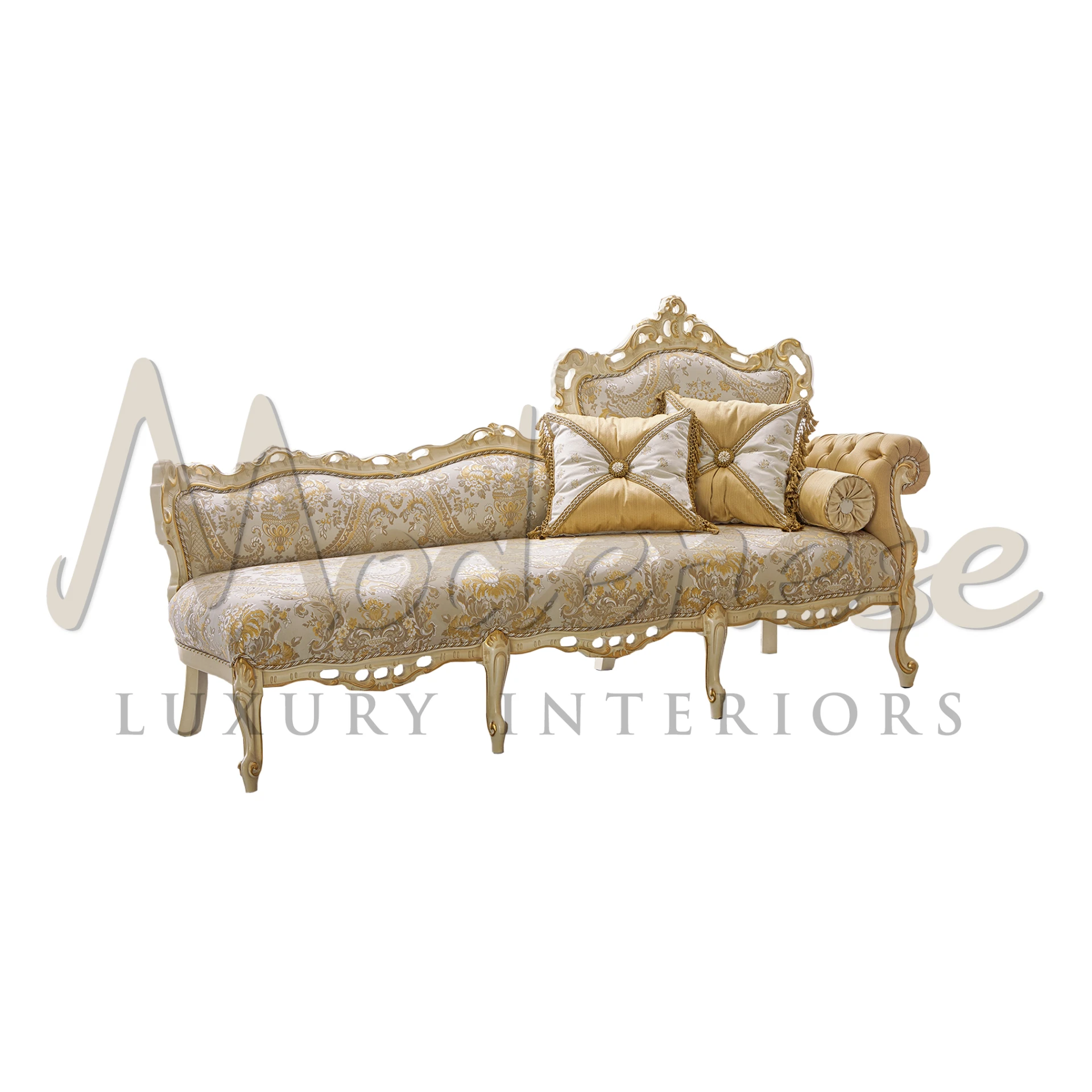 Rococo-style golden bench with elaborate damask fabric and decorative cushions.                                                                       
