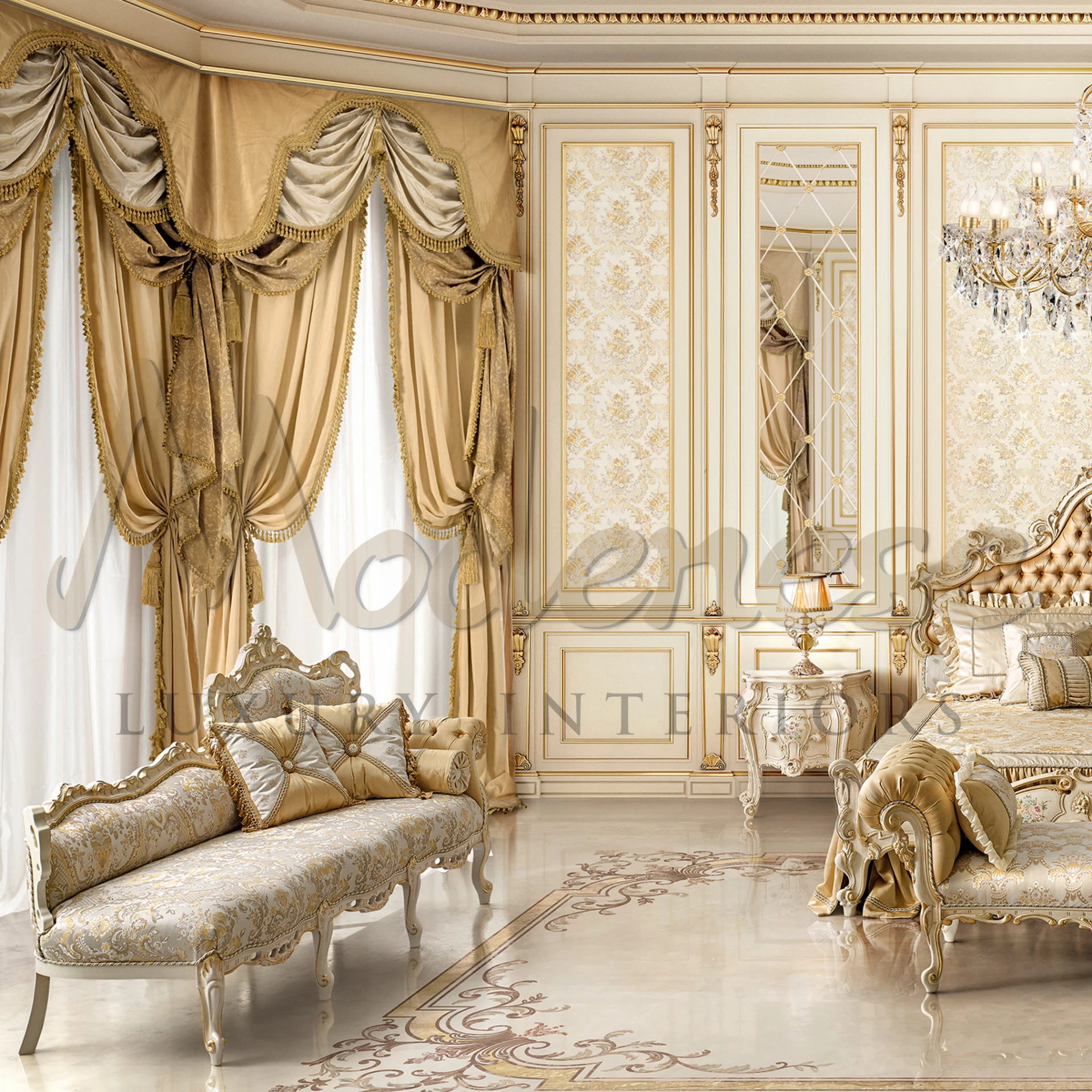 Ornamental gold bench with floral damask seating and lavish pillow arrangement                                                                                     
