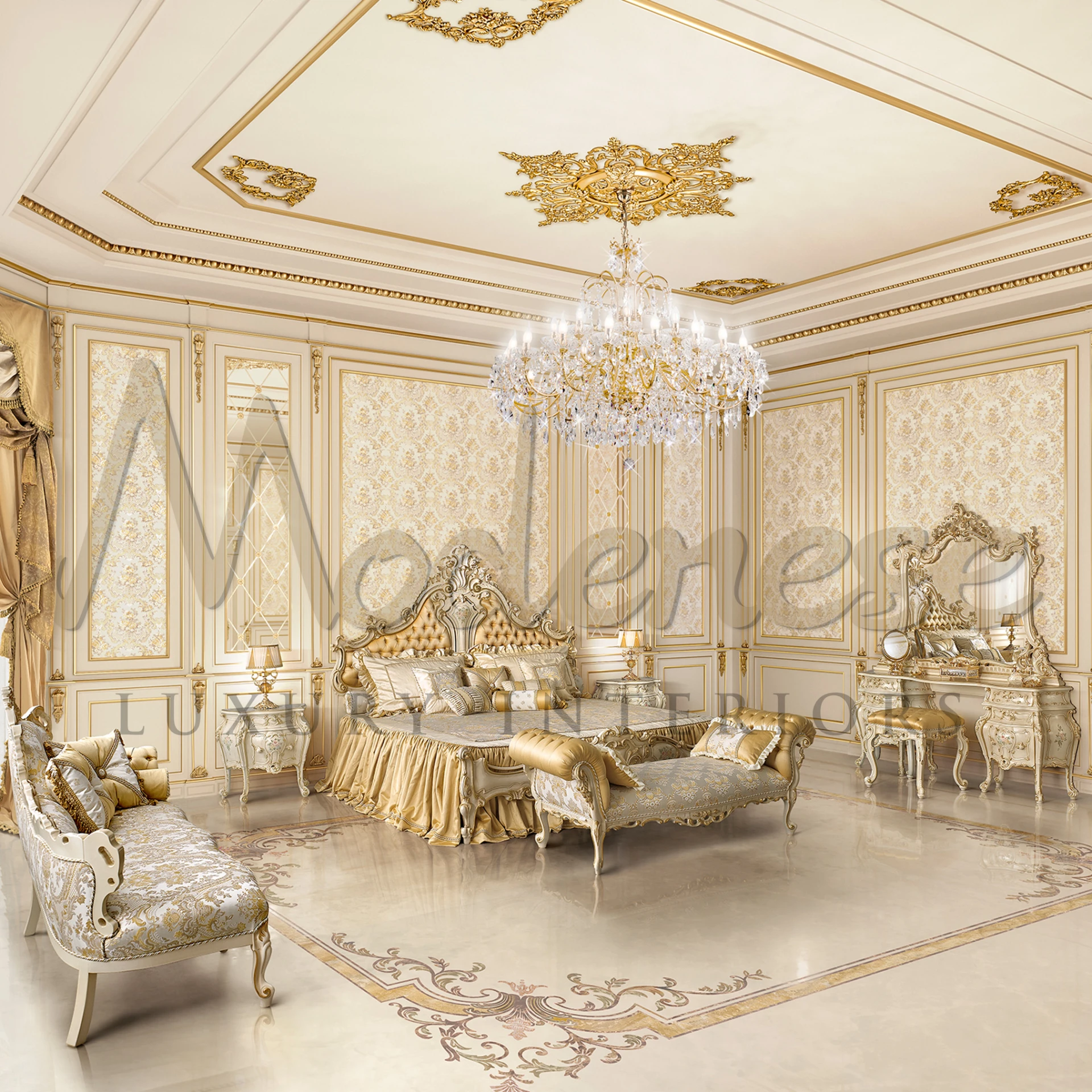 Luxury classic elegant carved bench in gold with luxurious patterned upholstery and accent pillows.                                                                        