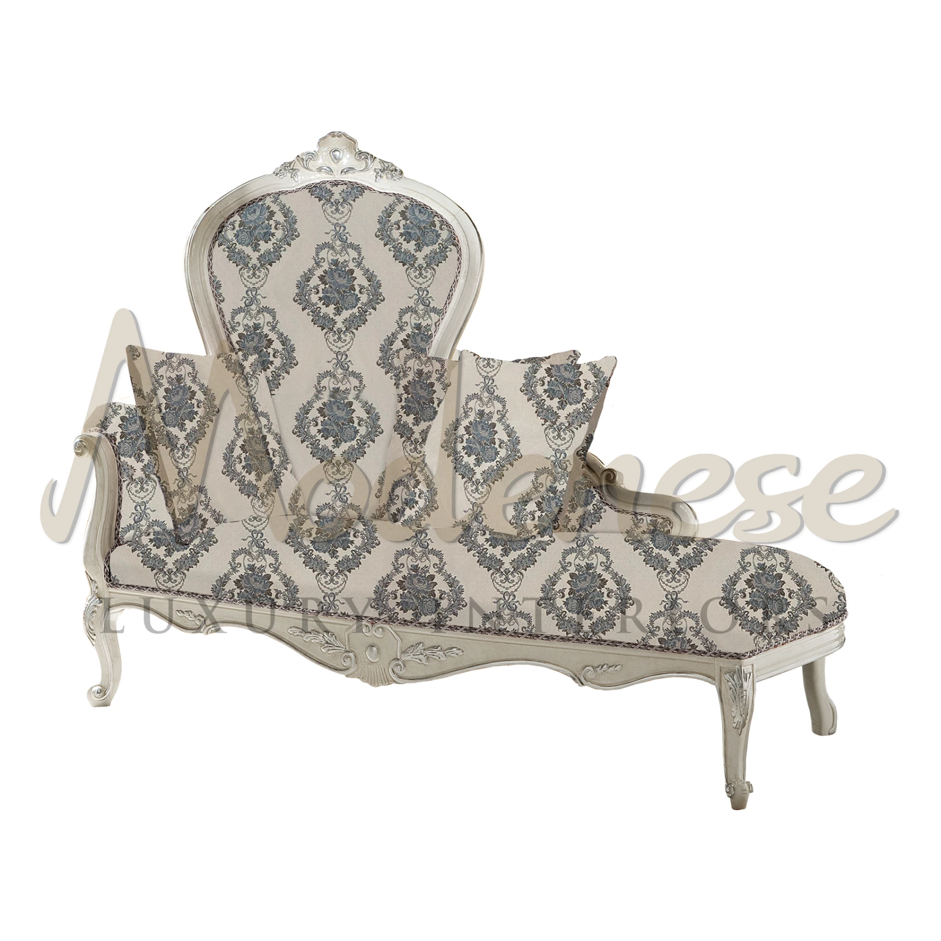 A vintage-style dormeuse with a high backrest and scrolled arms, featuring a cream and blue ornate pattern, detailed wood carvings, and elegant legs.