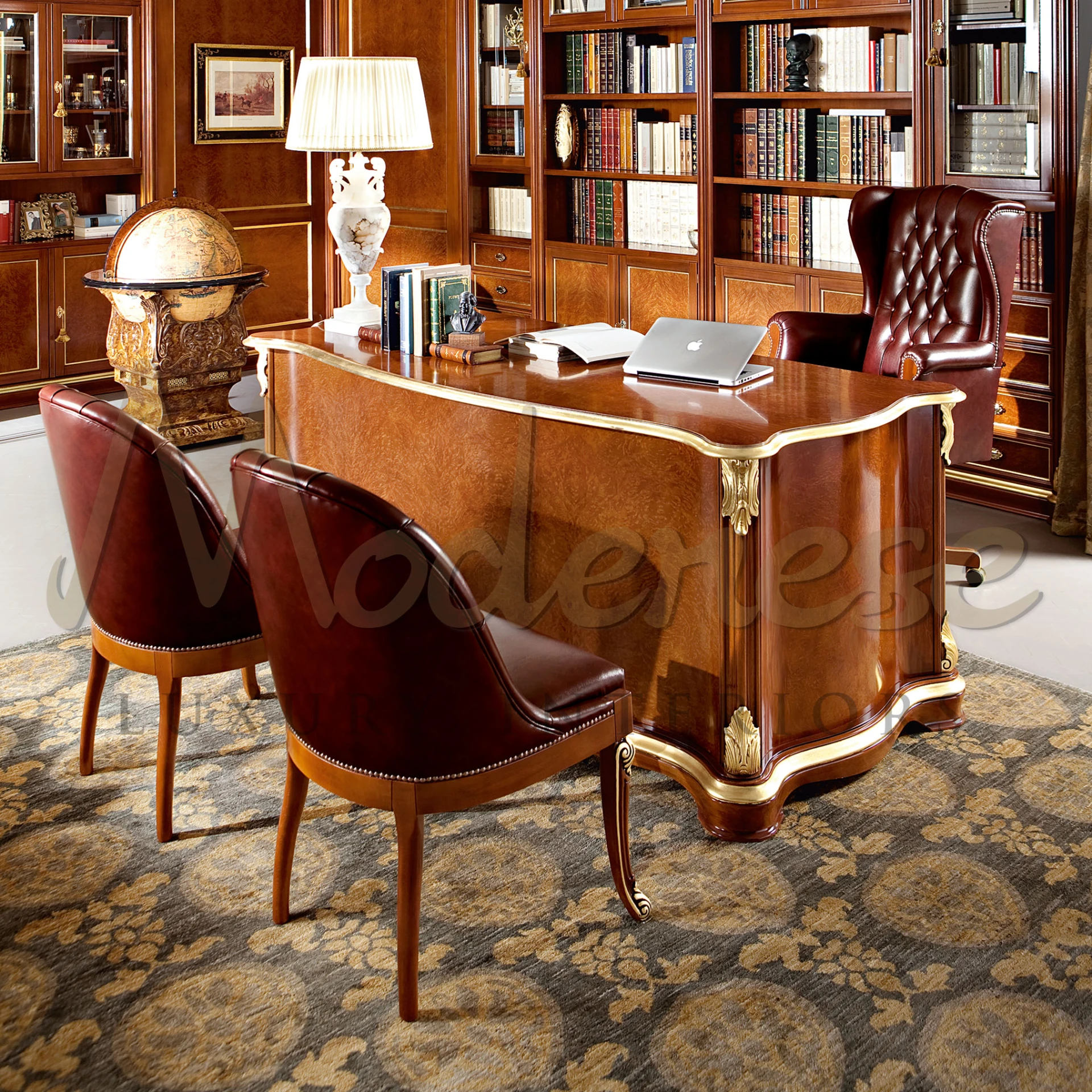 Realistic View in Workspace - President Office Armchair - Office room with a desk, chair, and bookcase.


