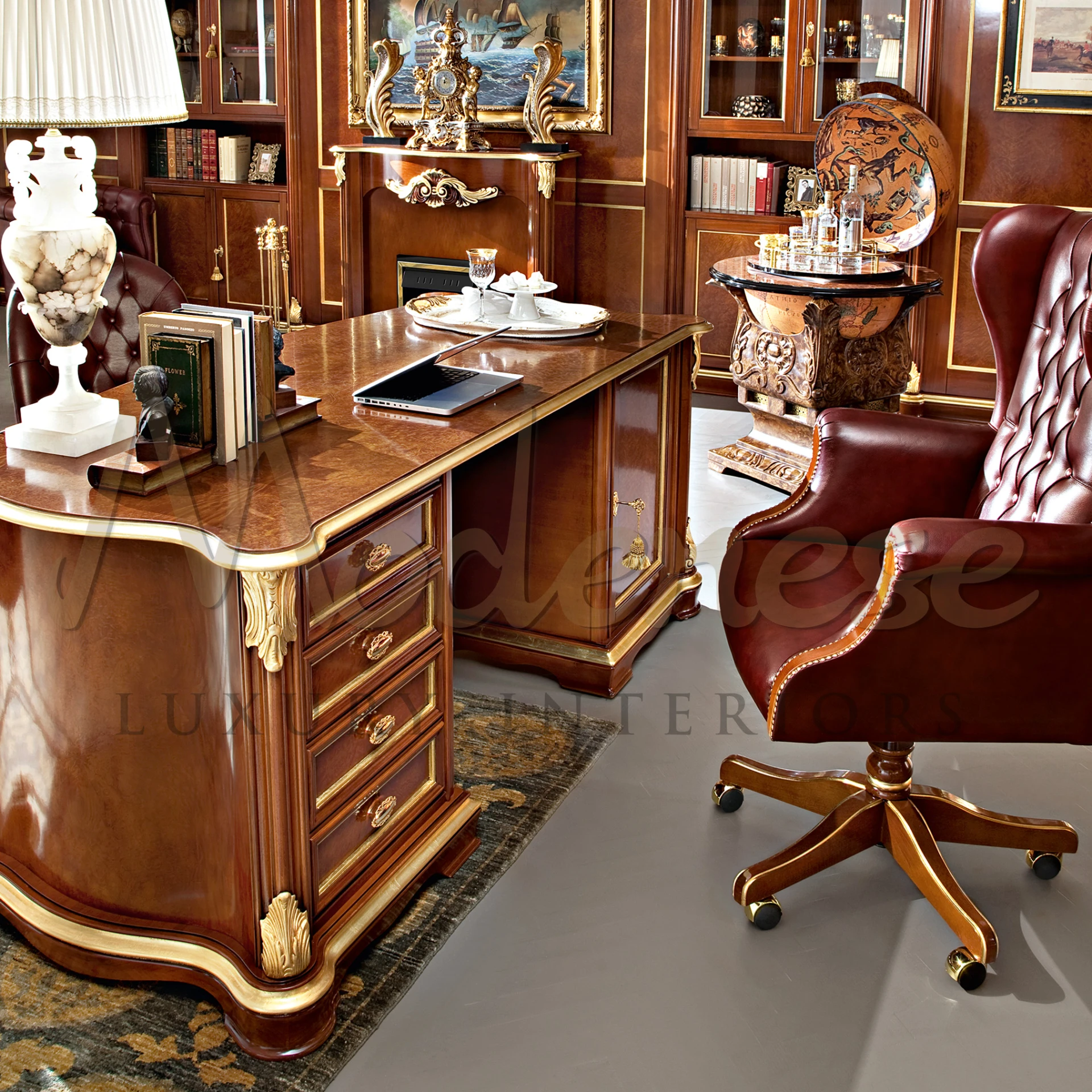 Complete View President Office Armchair chair with a table and bookcase with wooden strutcure