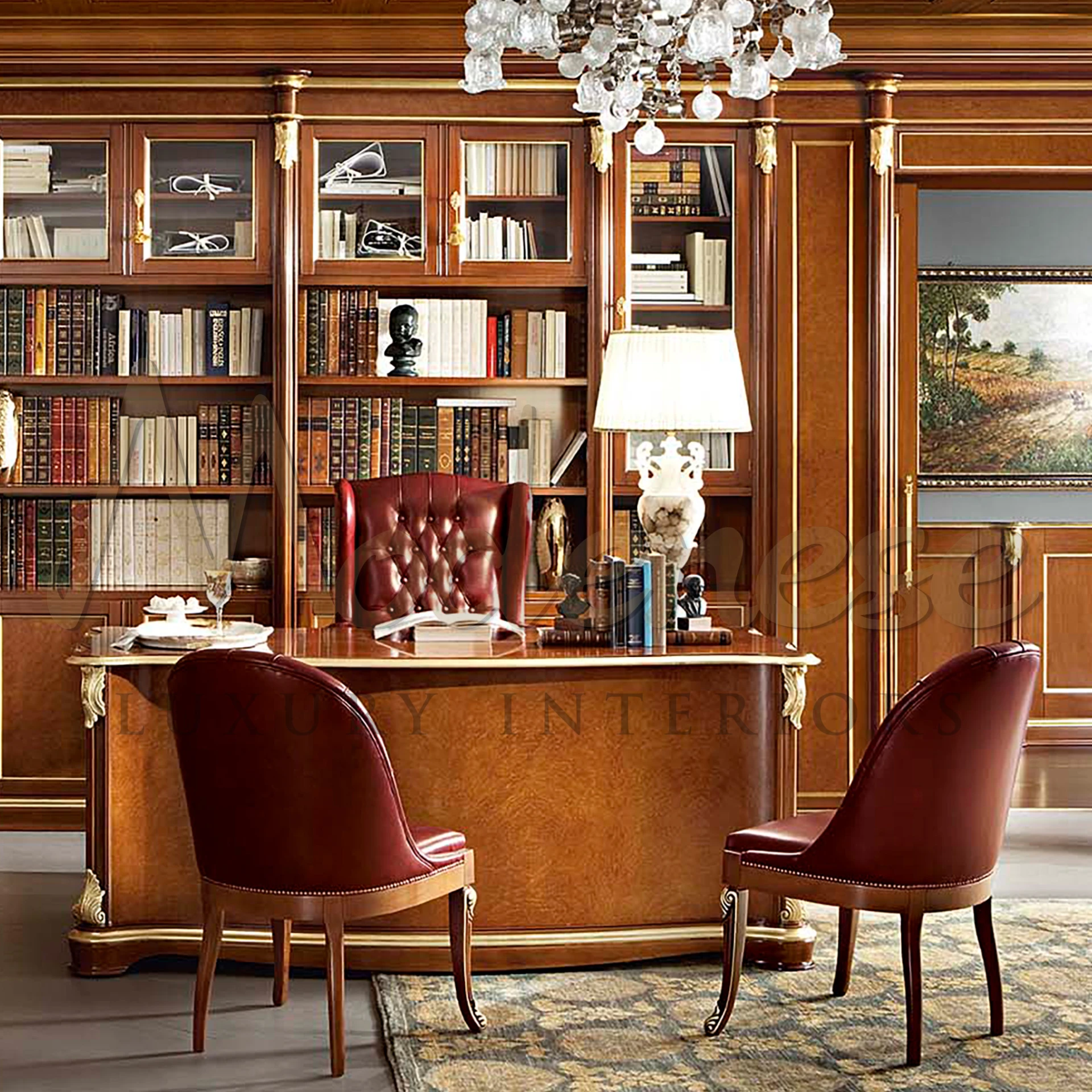 A well-appointed office with a spacious bookcase, President Office Armchair chair and desk