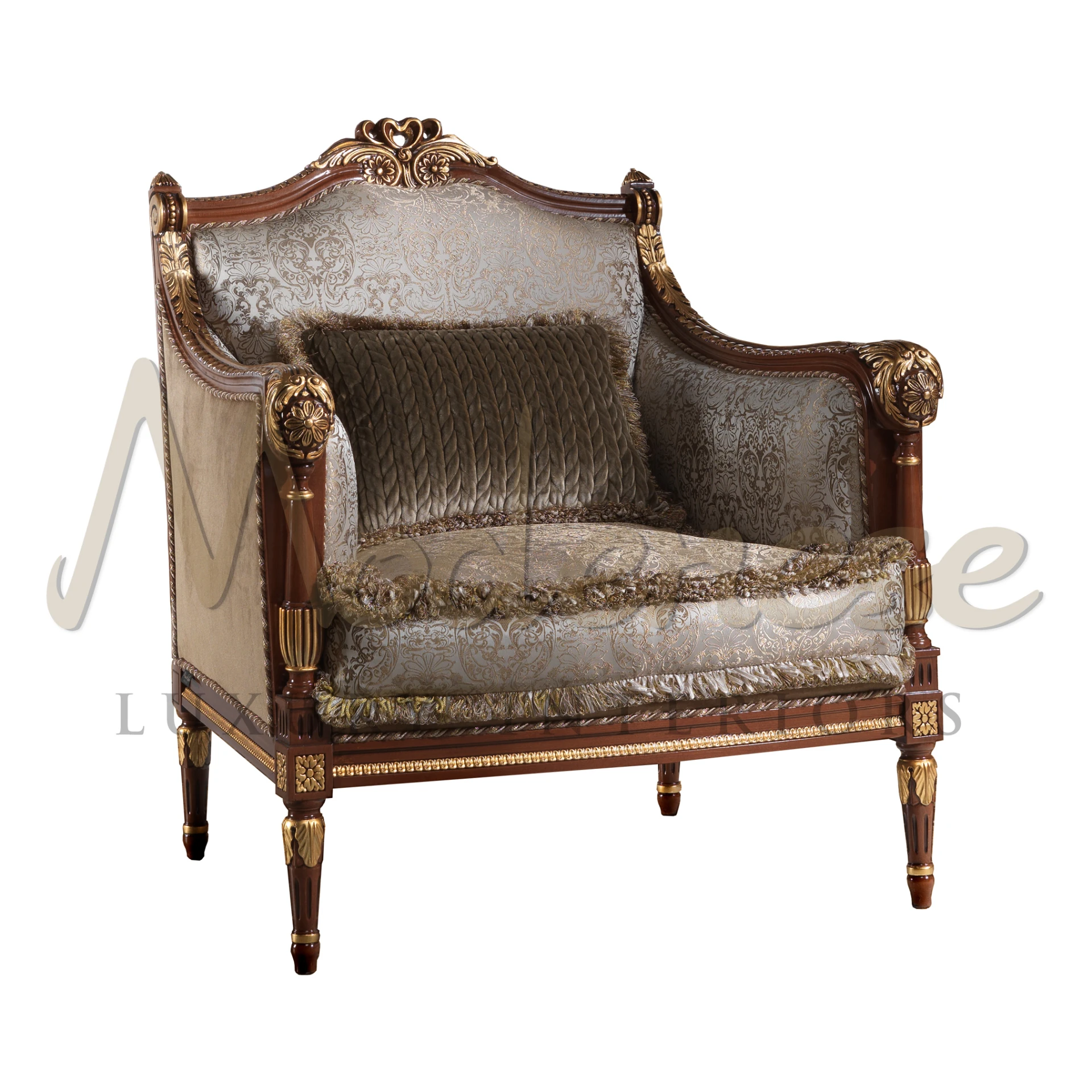 Sophisticated beige and gold two-seater couch with plush pillows and classic damask patterns, featuring elegant wood carvings.