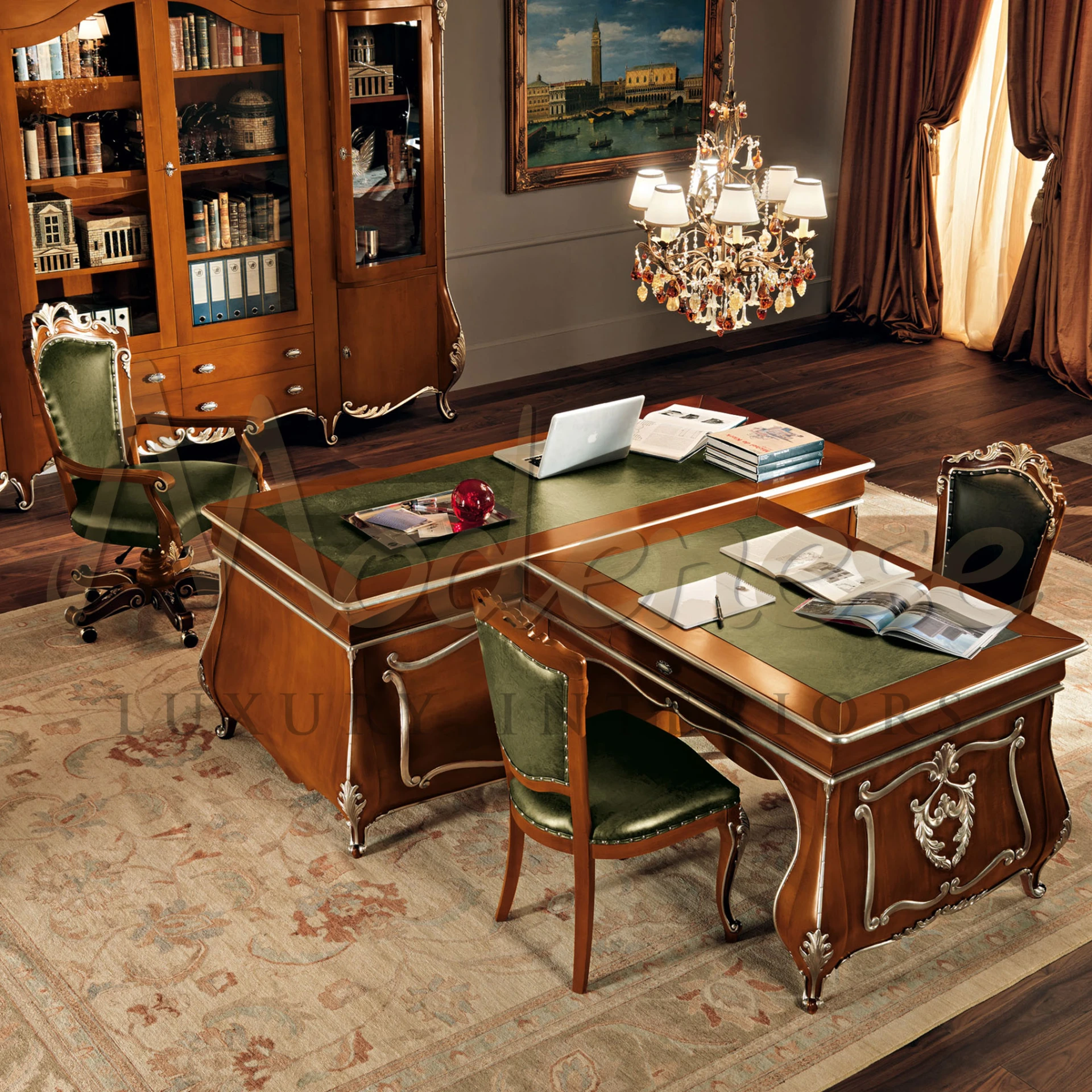 Full view of the spacious room with a desk, swivel office chair, bookcase and a chandelier hanging from the ceiling.