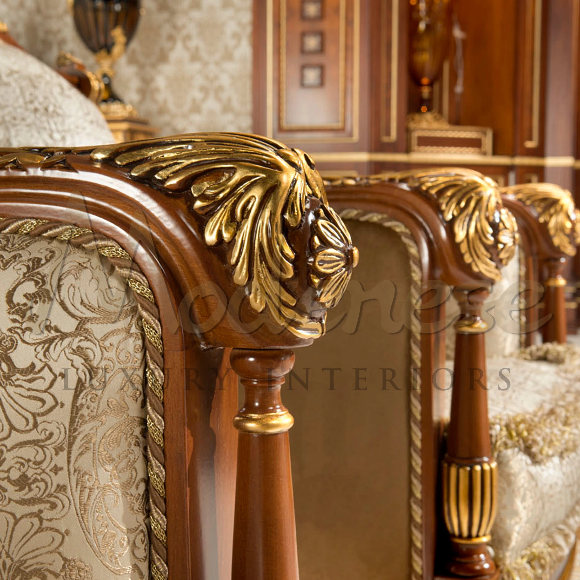 Luxurious small sofa with rich golden beige fabric and intricate woodwork, encapsulating a neoclassical aesthetic.