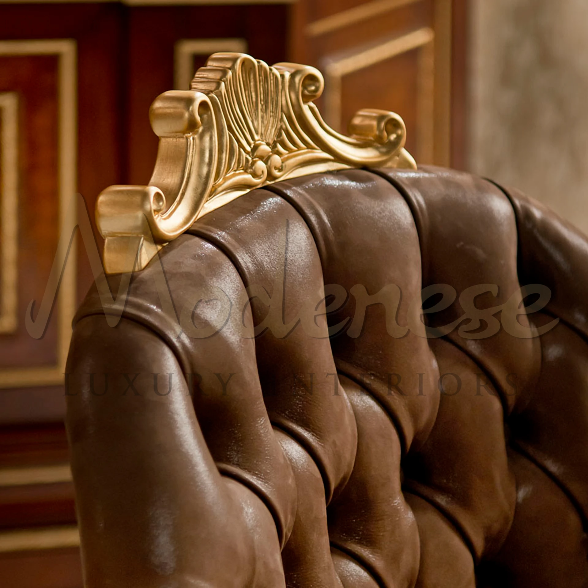Office Swivel Chair with Capitonne Real Leather and Golden Finishes
