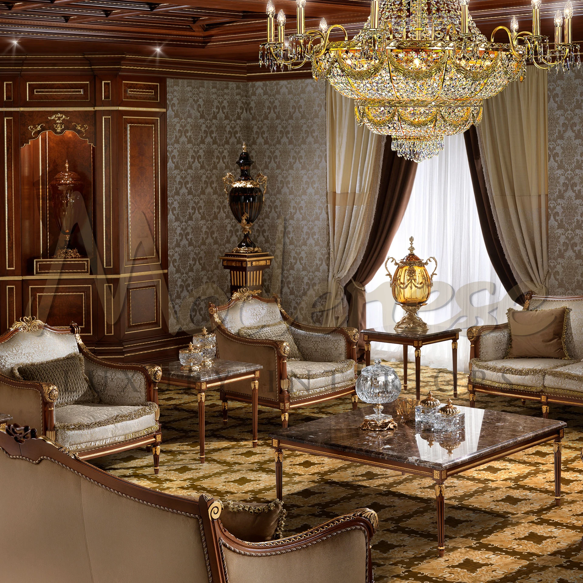 Grand taupe damask sitting room with elegant gold leaf accents and plush upholstery, embodying classical design.