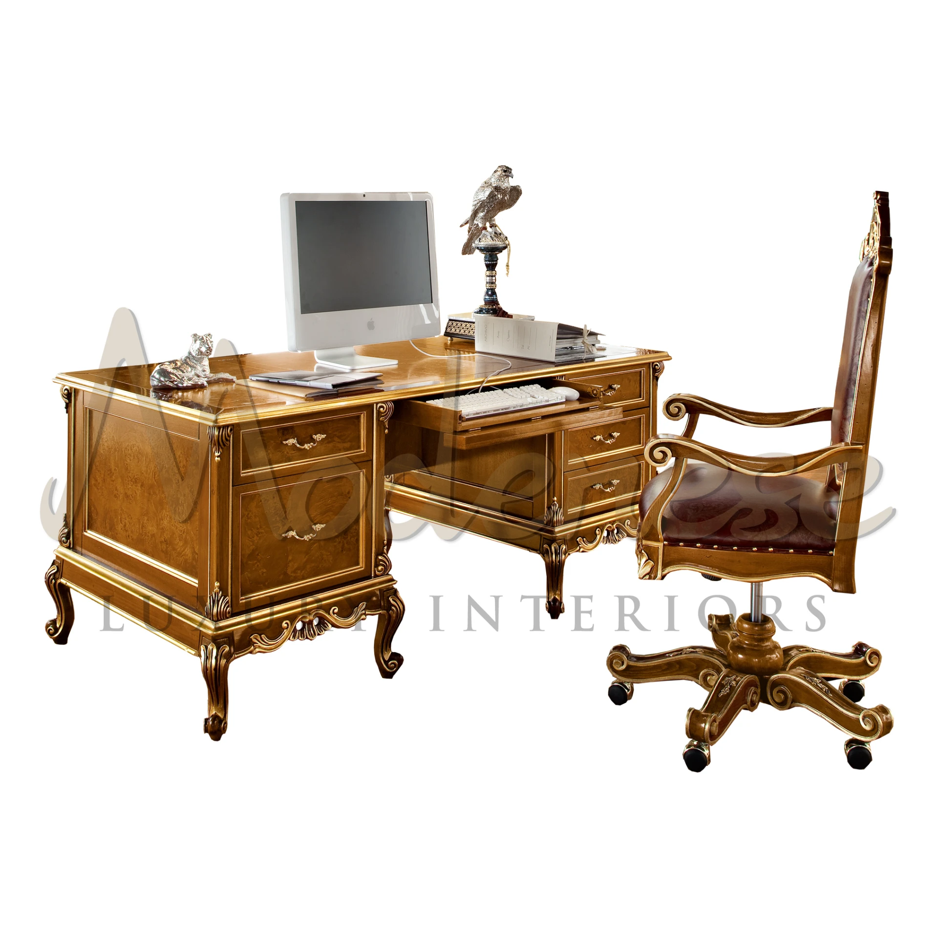 Product View with Clear Background - Office desk Rectangular solid wood office desk with drawers By Modenese Luxury Furniture