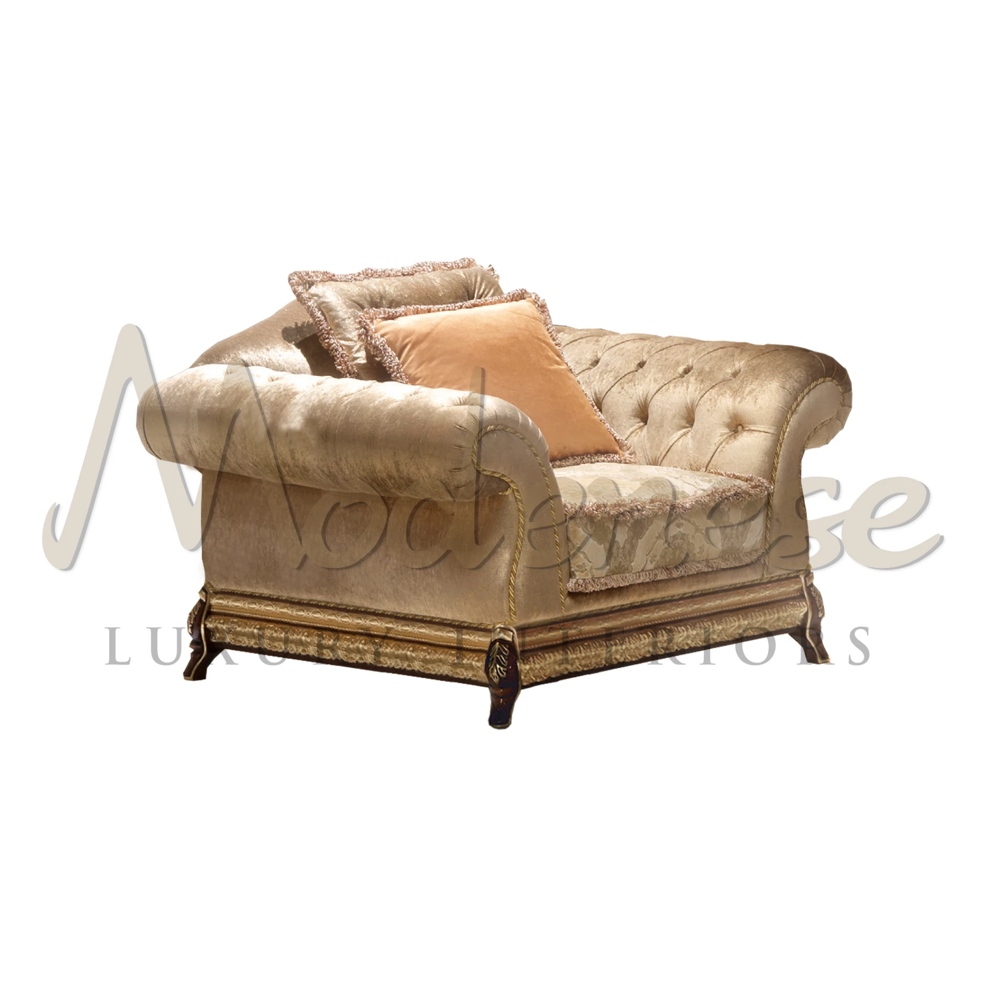 Elegant beige velvet Capitone armchair with deep button tufting and ornate golden trim detailing.