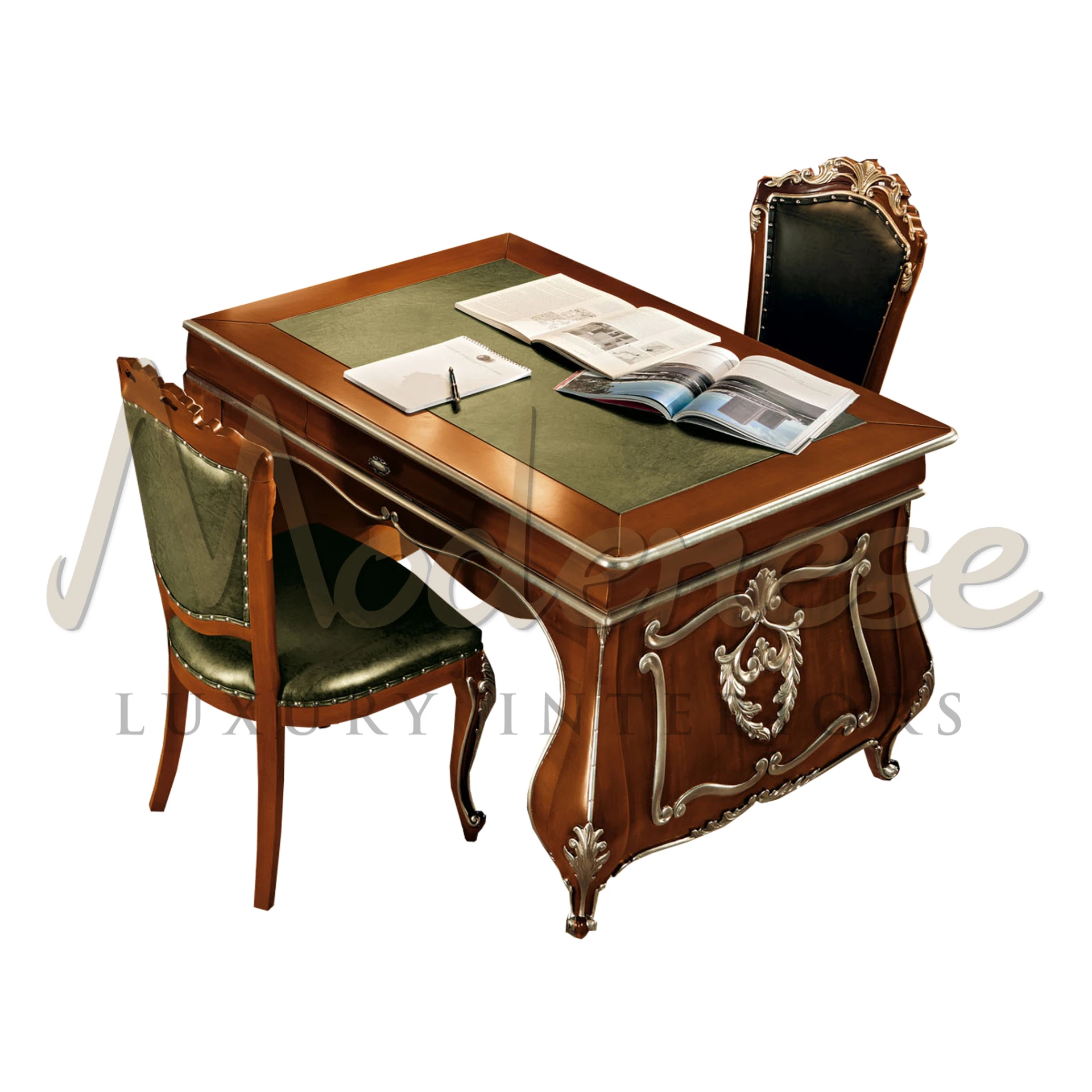 Product View with Clear Background - Antique Carving Wooden Office Desk with Dark green leather top By Modenese Luxury Furniture