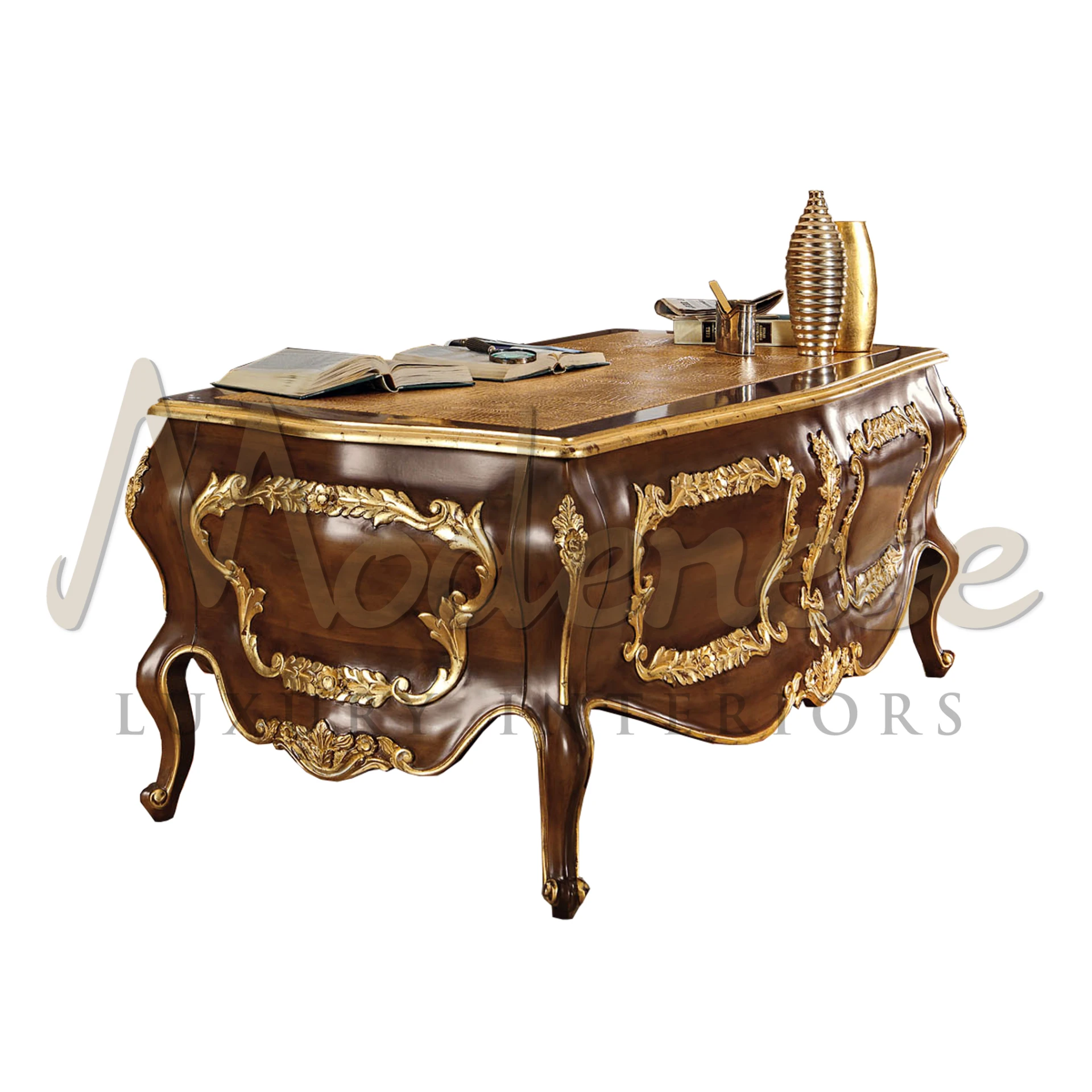 Product View with Clear Background - Rounded luxury classical office desk, gold leaf By Modenese Luxury Furniture
