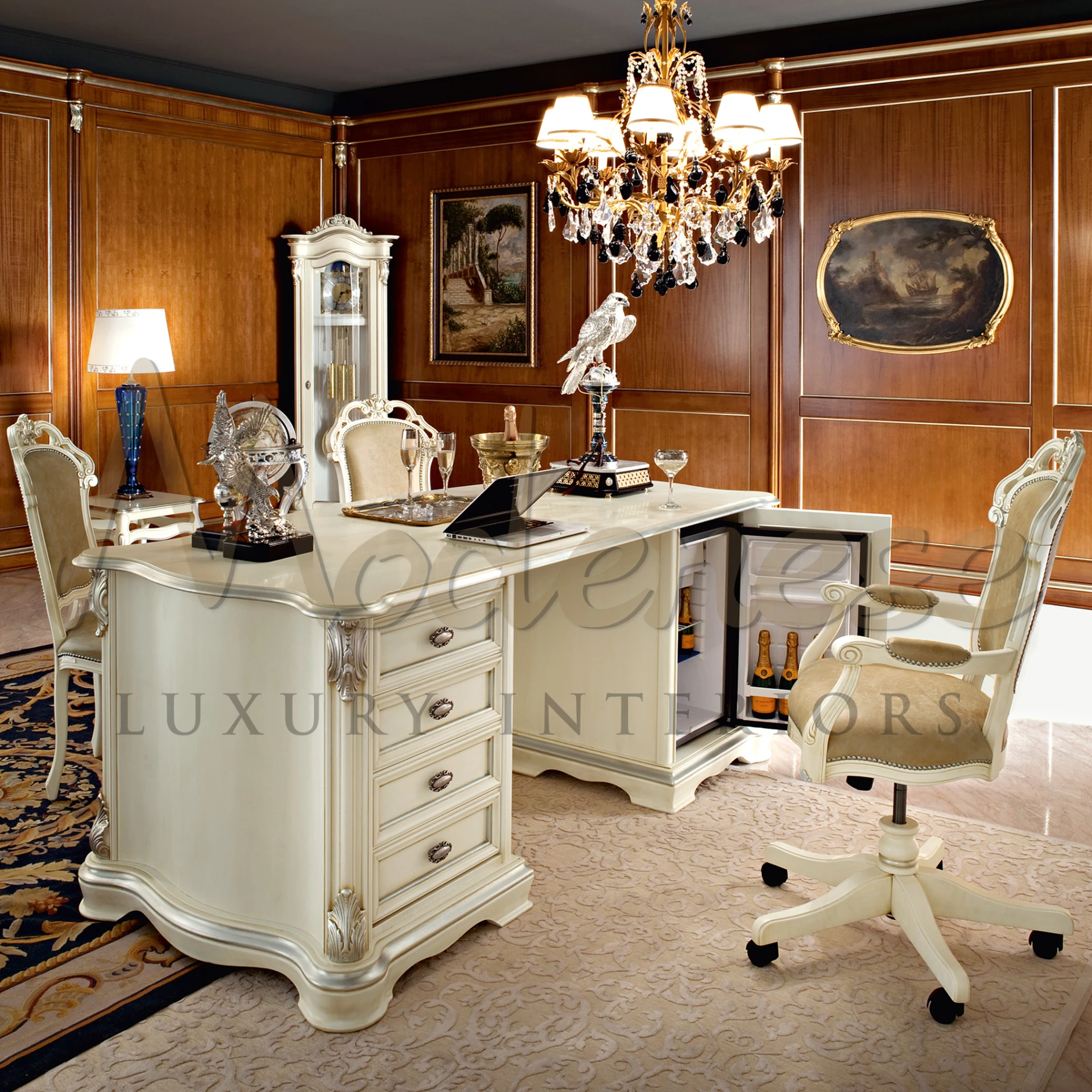 Wooden Writing Desk Solid Wood Writing Desk with Ivory Lacquered Finish - Modenese Luxury Furniture